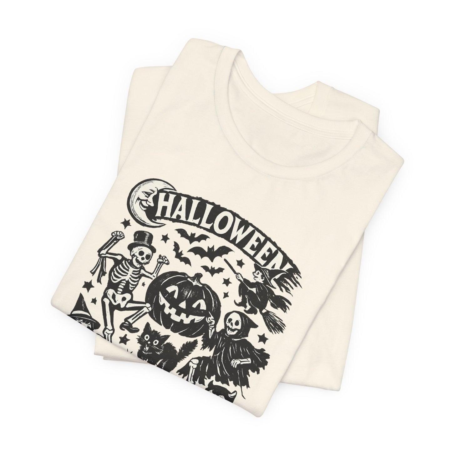 Halloween Vintage Monsters Tee — Retro Pumpkin, Skeleton & Haunted House T-Shirt