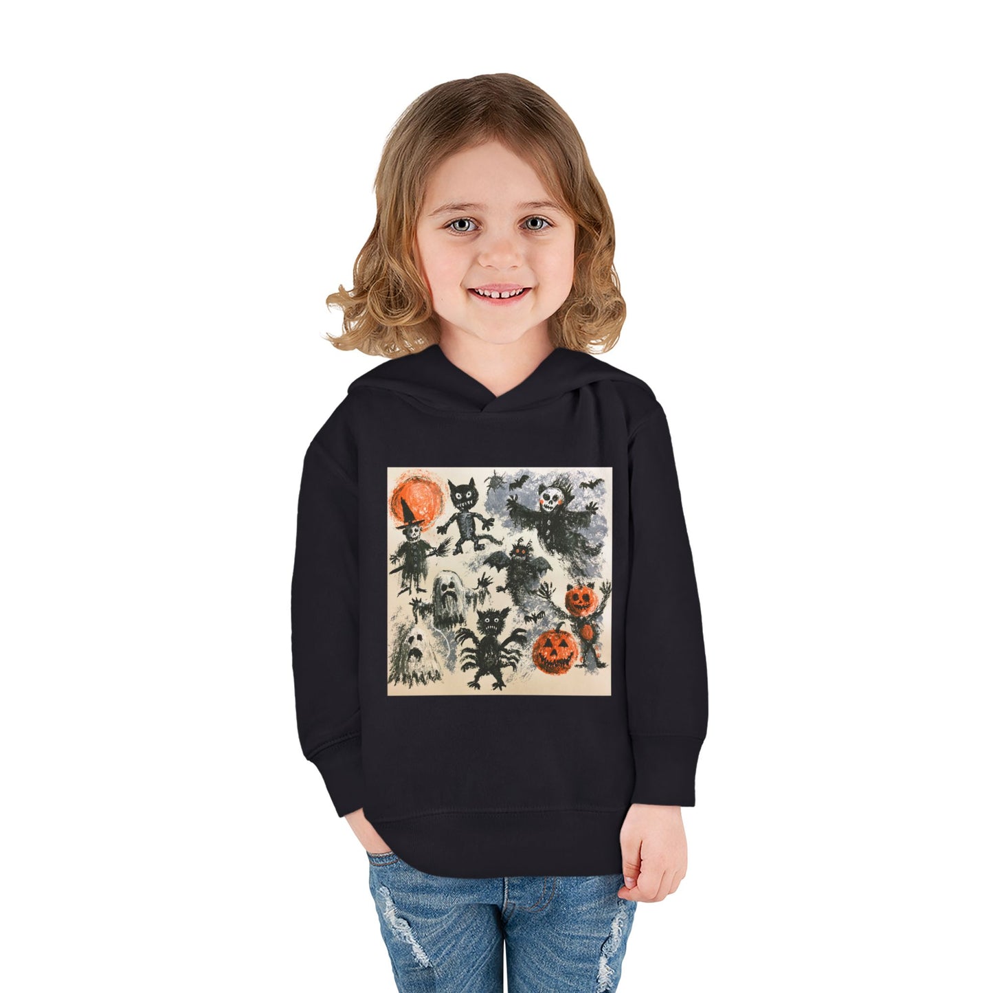 Vintage Halloween Monsters Toddler Hoodie | Ghosts, Cats, Pumpkins