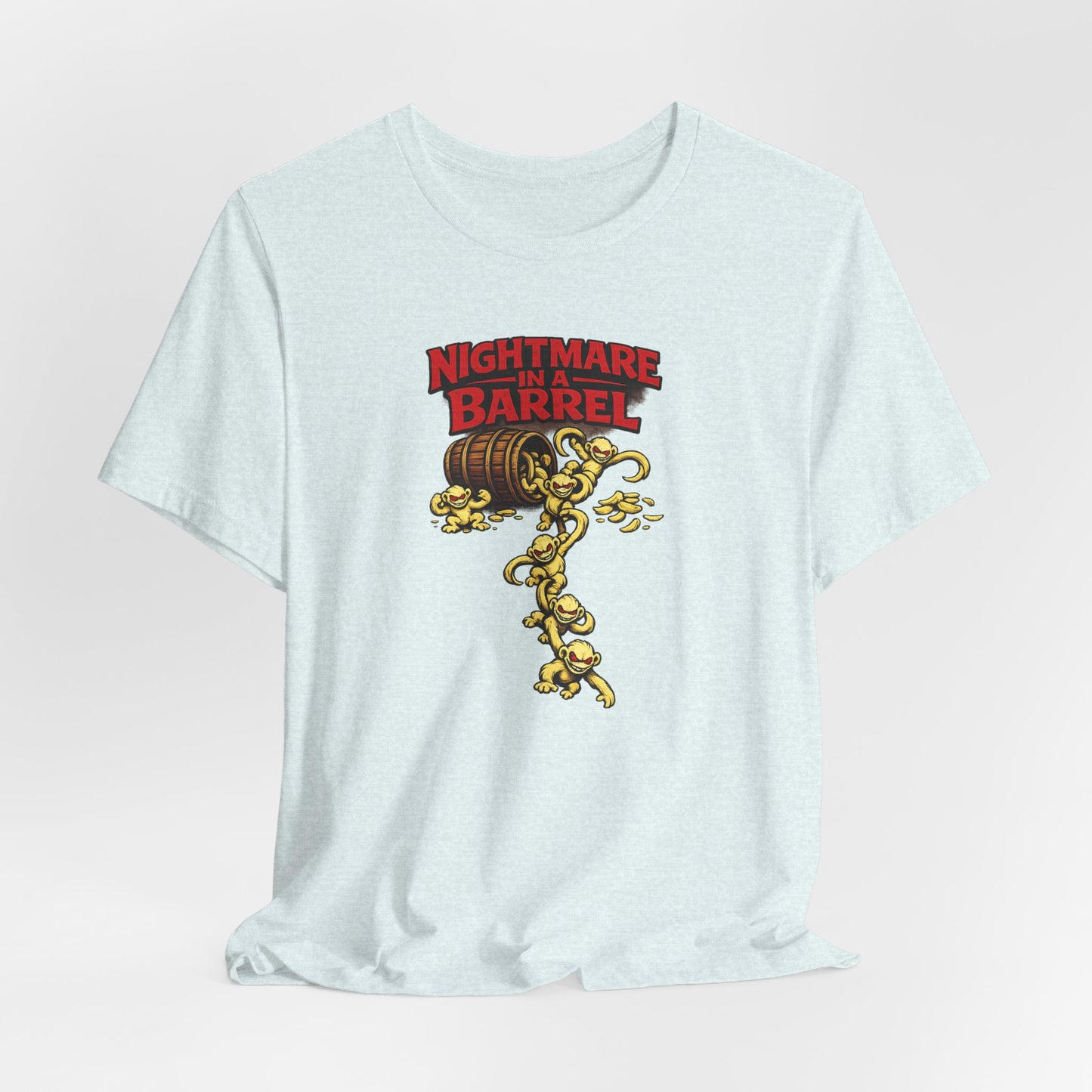 Nightmare in a Barrel T-Shirt — Vintage Horror Barrel Monkey Graphic Tee