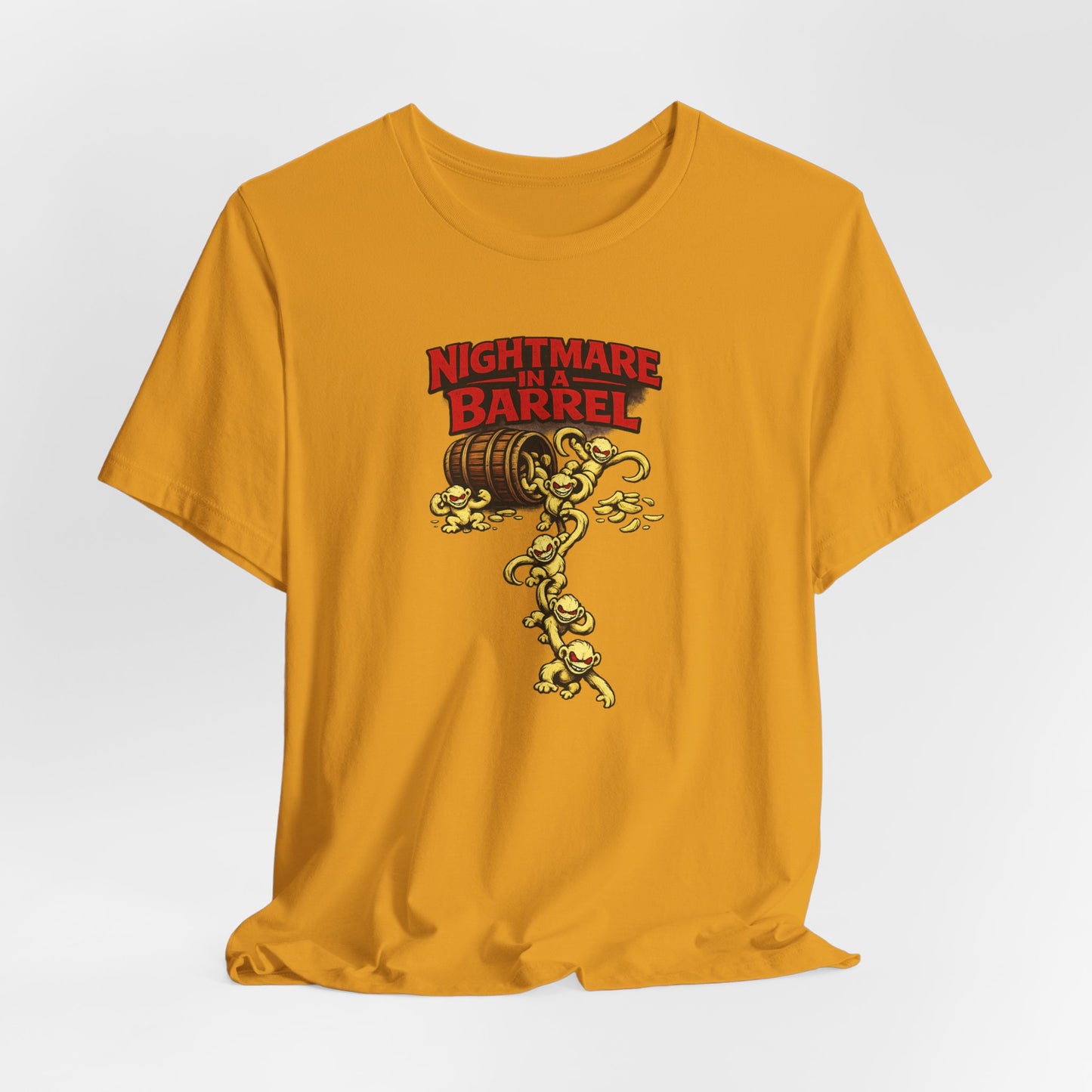 Nightmare in a Barrel T-Shirt — Vintage Horror Barrel Monkey Graphic Tee