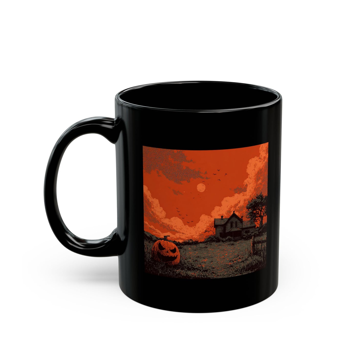 Halloween Pumpkin Field Black Mug — Spooky Haunted House Coffee Cup (11oz/15oz)