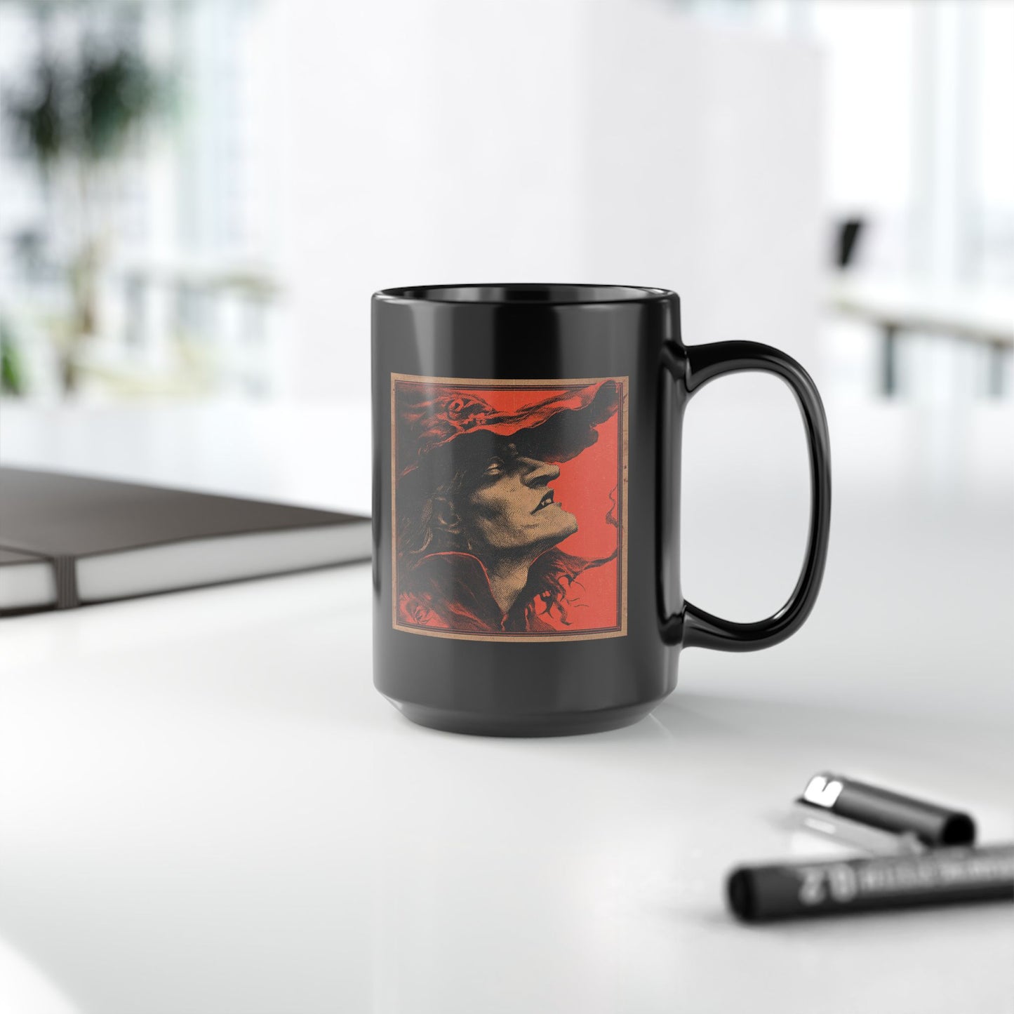 Gothic Witch Portrait Mug — Vintage Red & Black Ceramic Coffee Cup