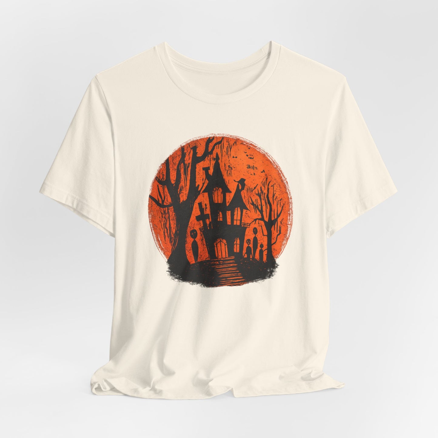 Haunted House Halloween Tee – Spooky Orange Moon Graphic T-Shirt