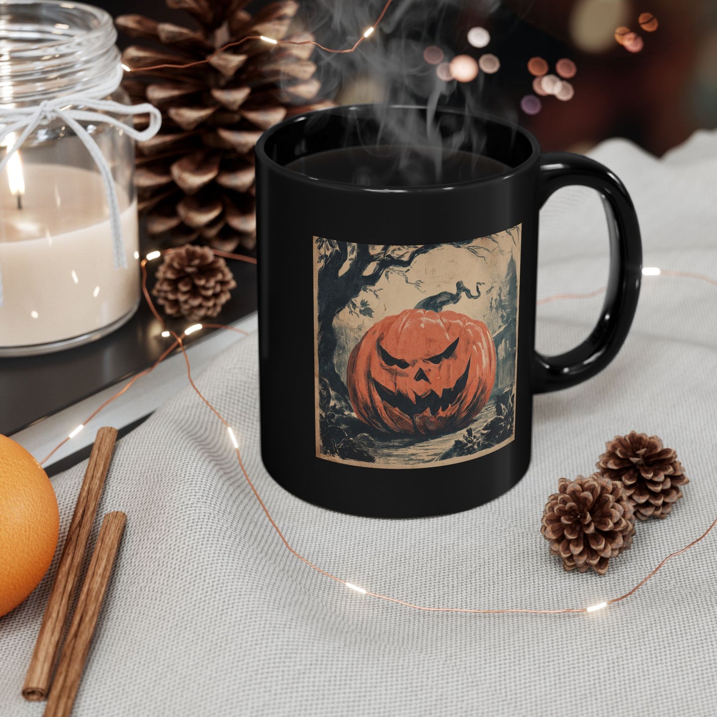Halloween Pumpkin Jack-O'-Lantern Black Mug — Spooky Vintage Halloween Coffee Cup (11oz, 15oz)