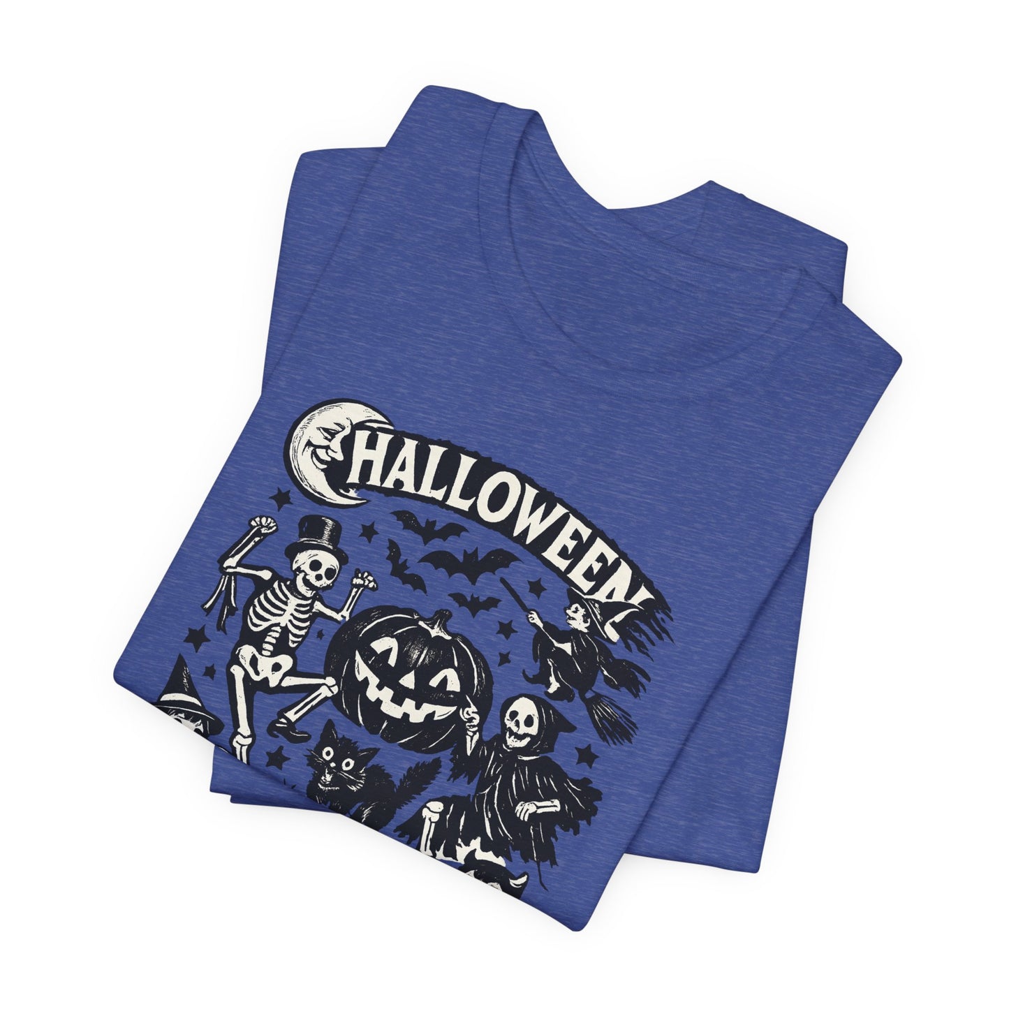 Halloween Vintage Monsters Tee — Retro Pumpkin, Skeleton & Haunted House T-Shirt