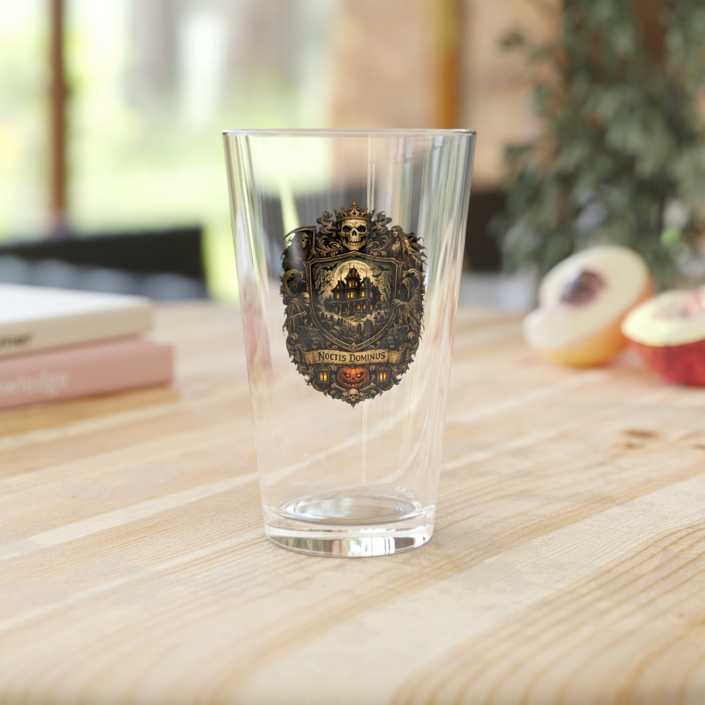 Medieval Crest Pint Glass — Vintage Halloween Skull & Castle 16oz Beer Glass