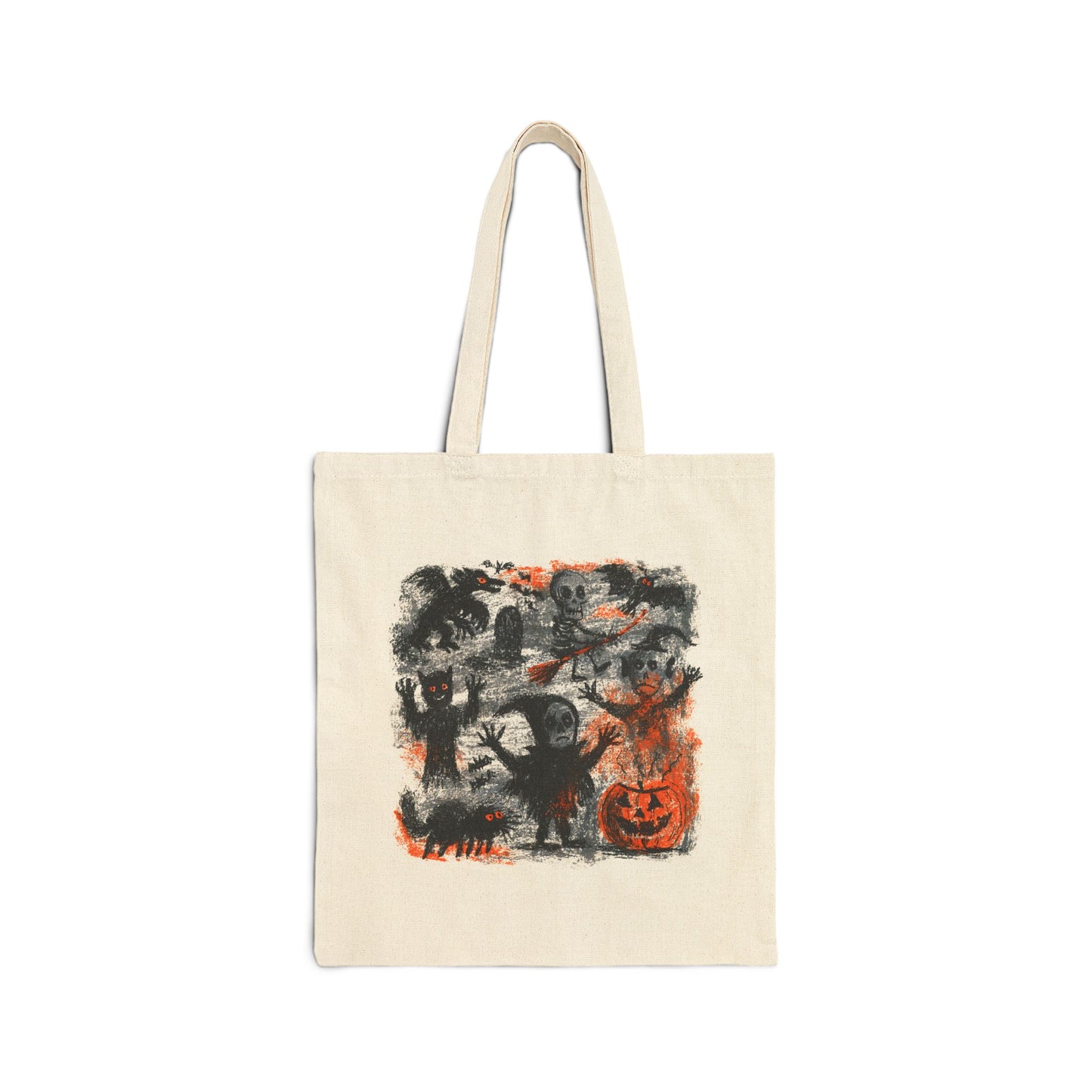 Kids Tote Bag — Vintage Halloween Illustration Cotton Canvas Tote (Pumpkin, Ghosts & Bats)