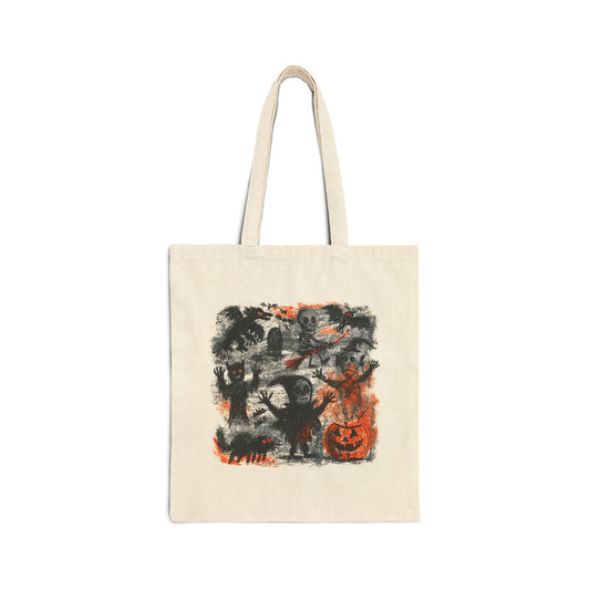 Kids Tote Bag — Vintage Halloween Illustration Cotton Canvas Tote (Pumpkin, Ghosts & Bats)