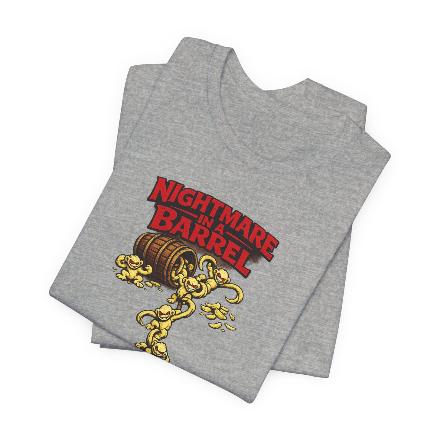 Nightmare in a Barrel T-Shirt — Vintage Horror Barrel Monkey Graphic Tee