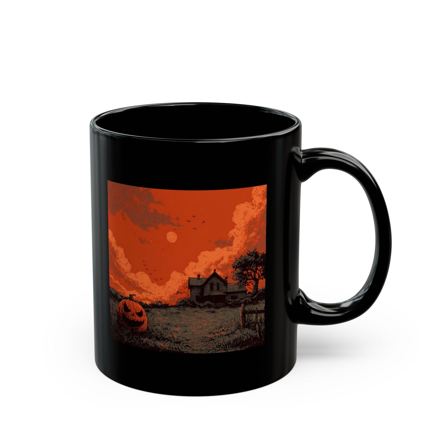 Halloween Pumpkin Field Black Mug — Spooky Haunted House Coffee Cup (11oz/15oz)