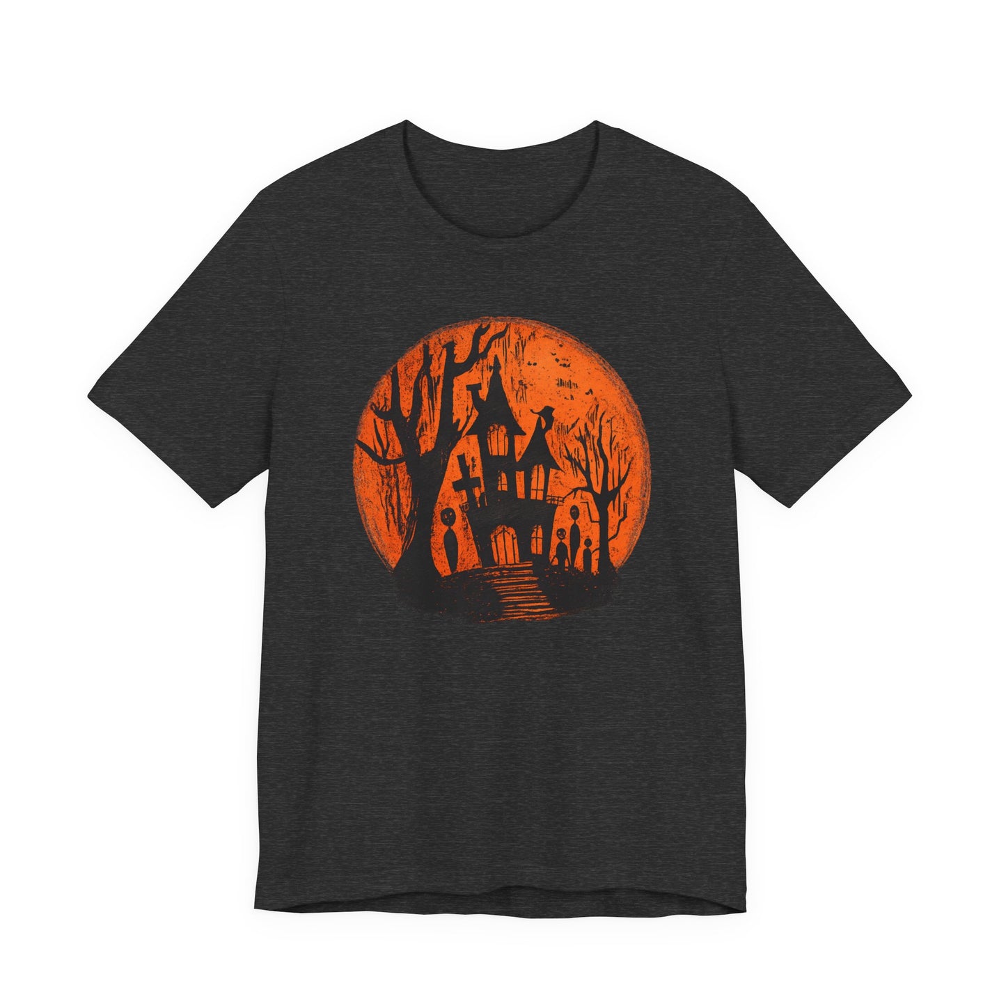 Haunted House Halloween Tee – Spooky Orange Moon Graphic T-Shirt