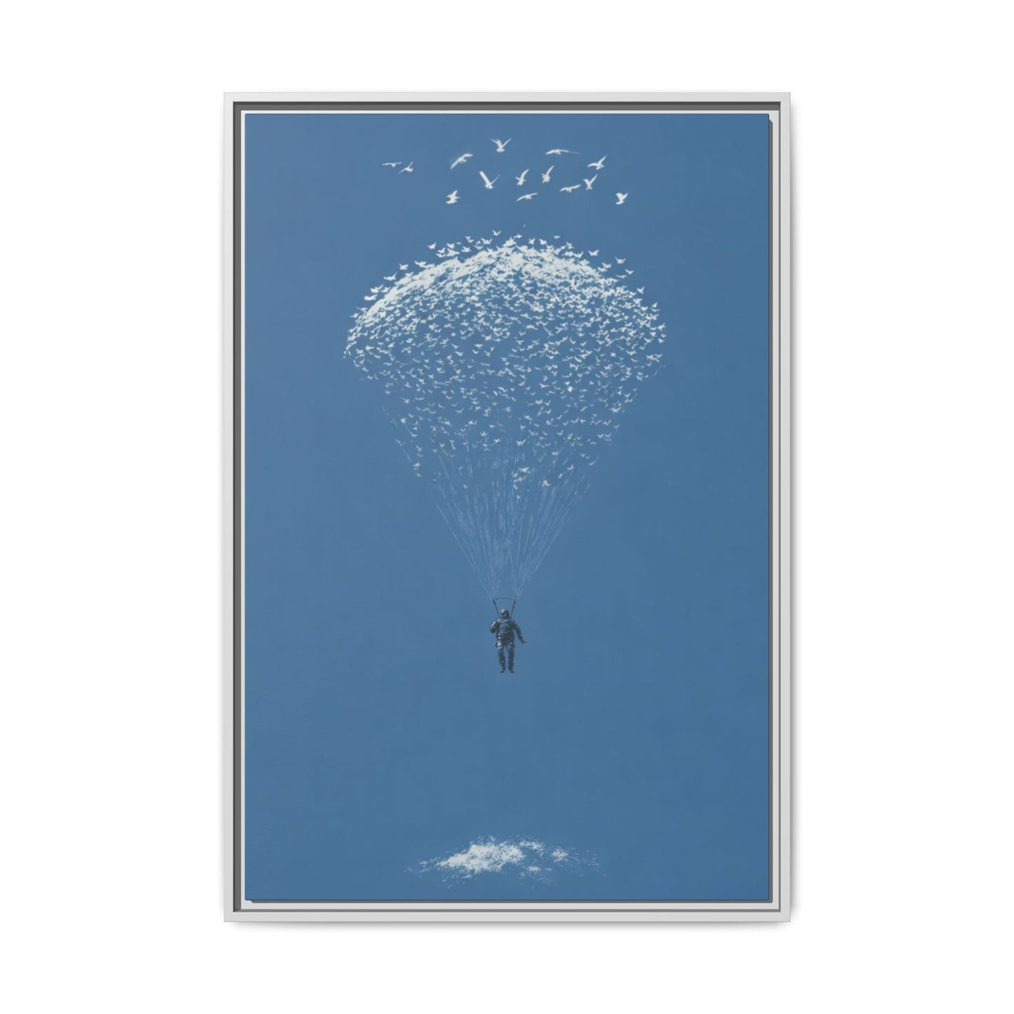 Framed Matte Canvas Art – Sky Diver with Bird Cluster Parachute (Blue)