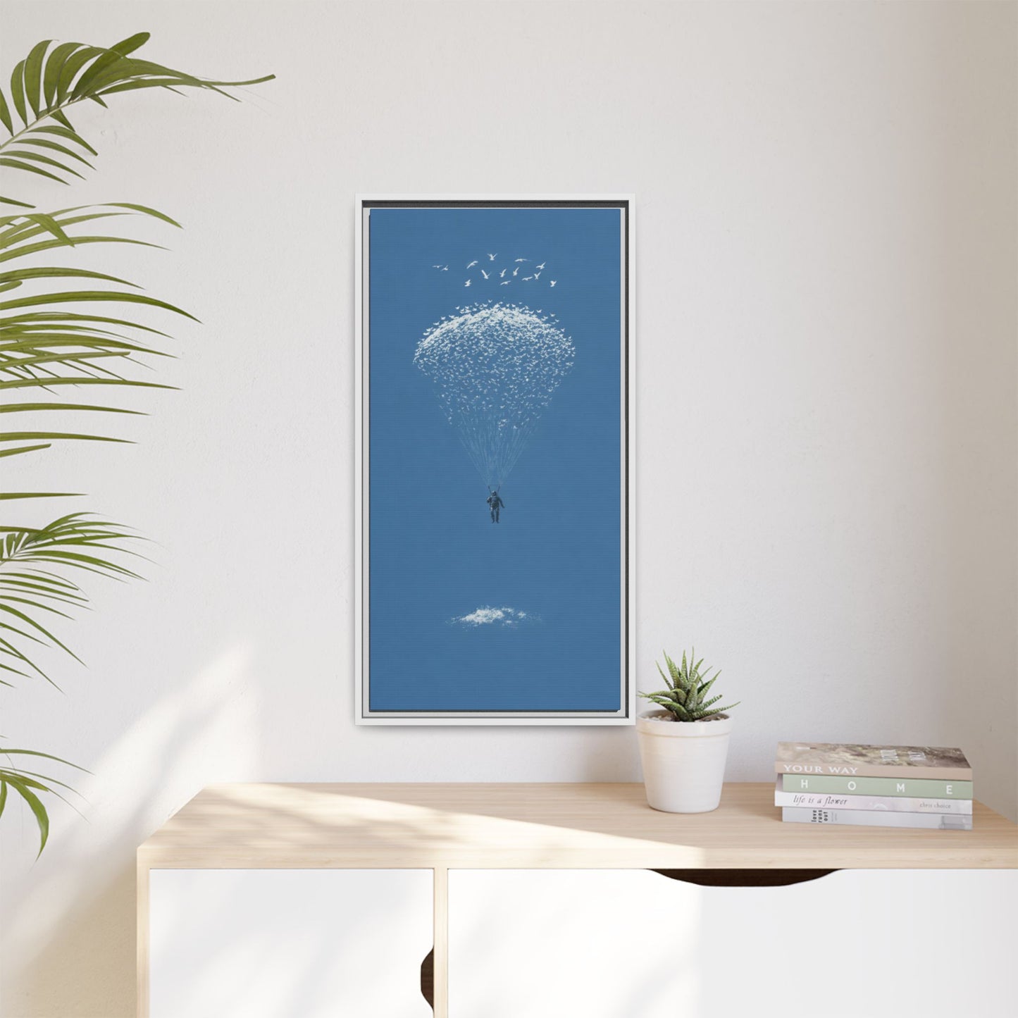 Framed Matte Canvas Art – Sky Diver with Bird Cluster Parachute (Blue)