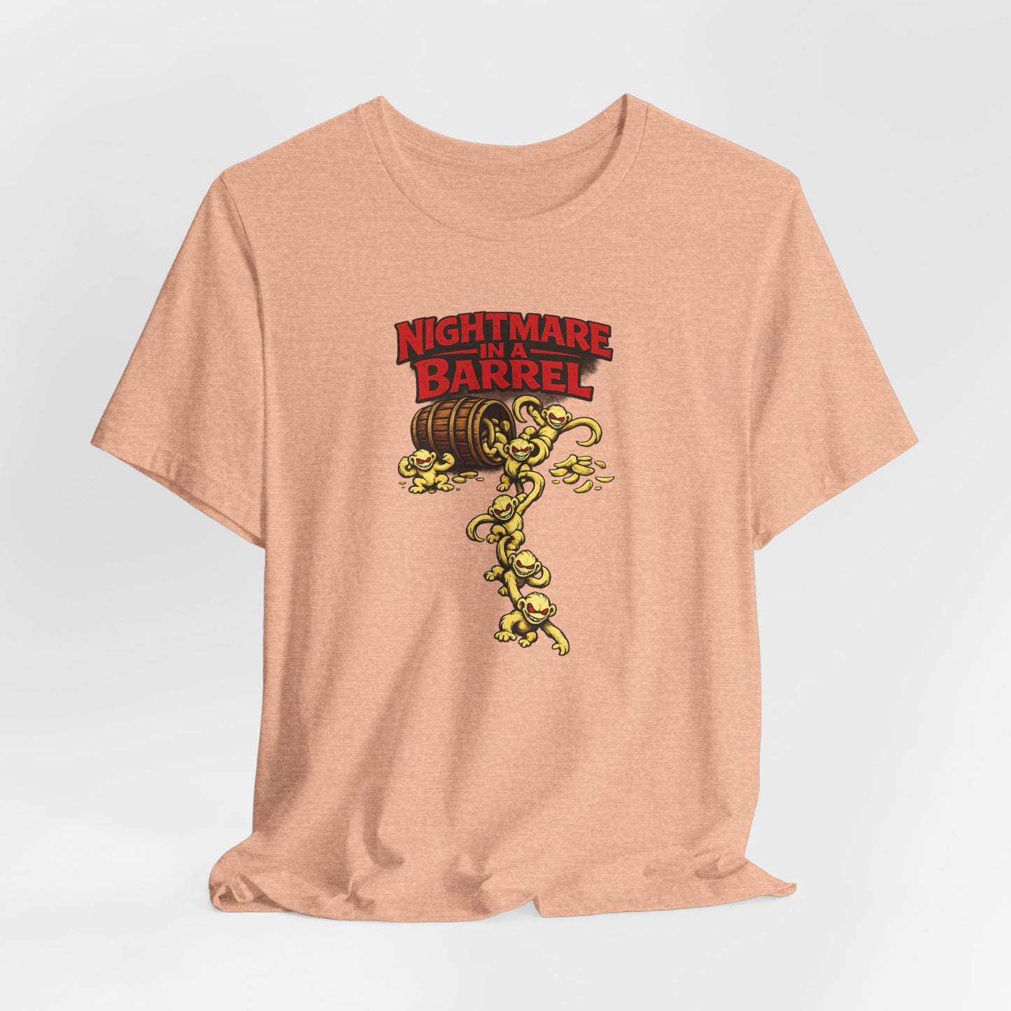 Nightmare in a Barrel T-Shirt — Vintage Horror Barrel Monkey Graphic Tee