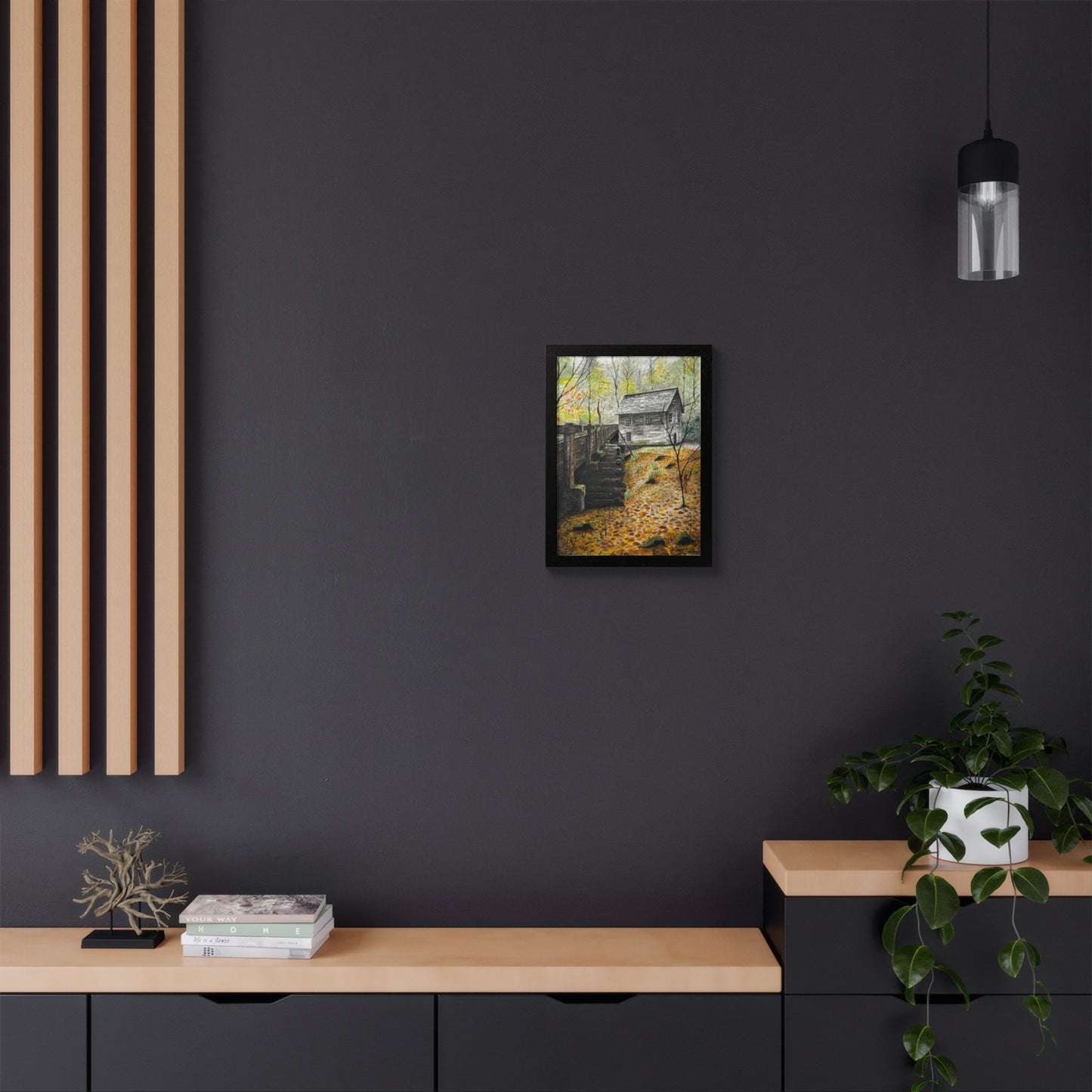 Original Artist Print by Scott Barbee Autumn Mill Framed Poster — Rustic Watercolor Cabin Wall Art