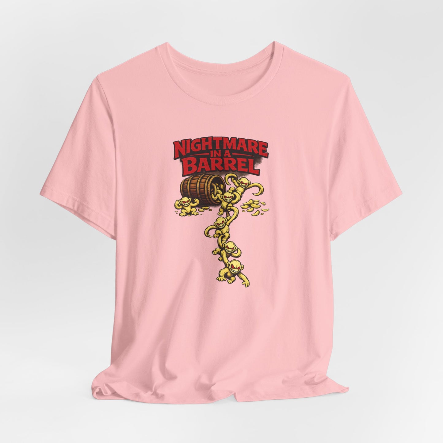 Nightmare in a Barrel T-Shirt — Vintage Horror Barrel Monkey Graphic Tee