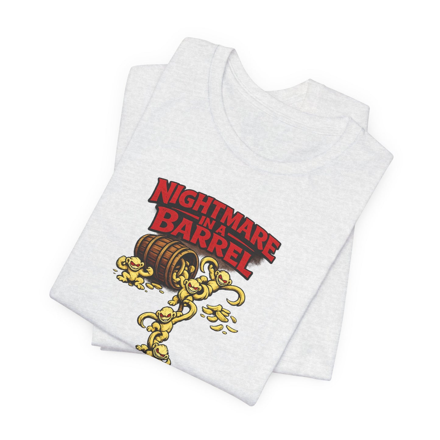 Nightmare in a Barrel T-Shirt — Vintage Horror Barrel Monkey Graphic Tee