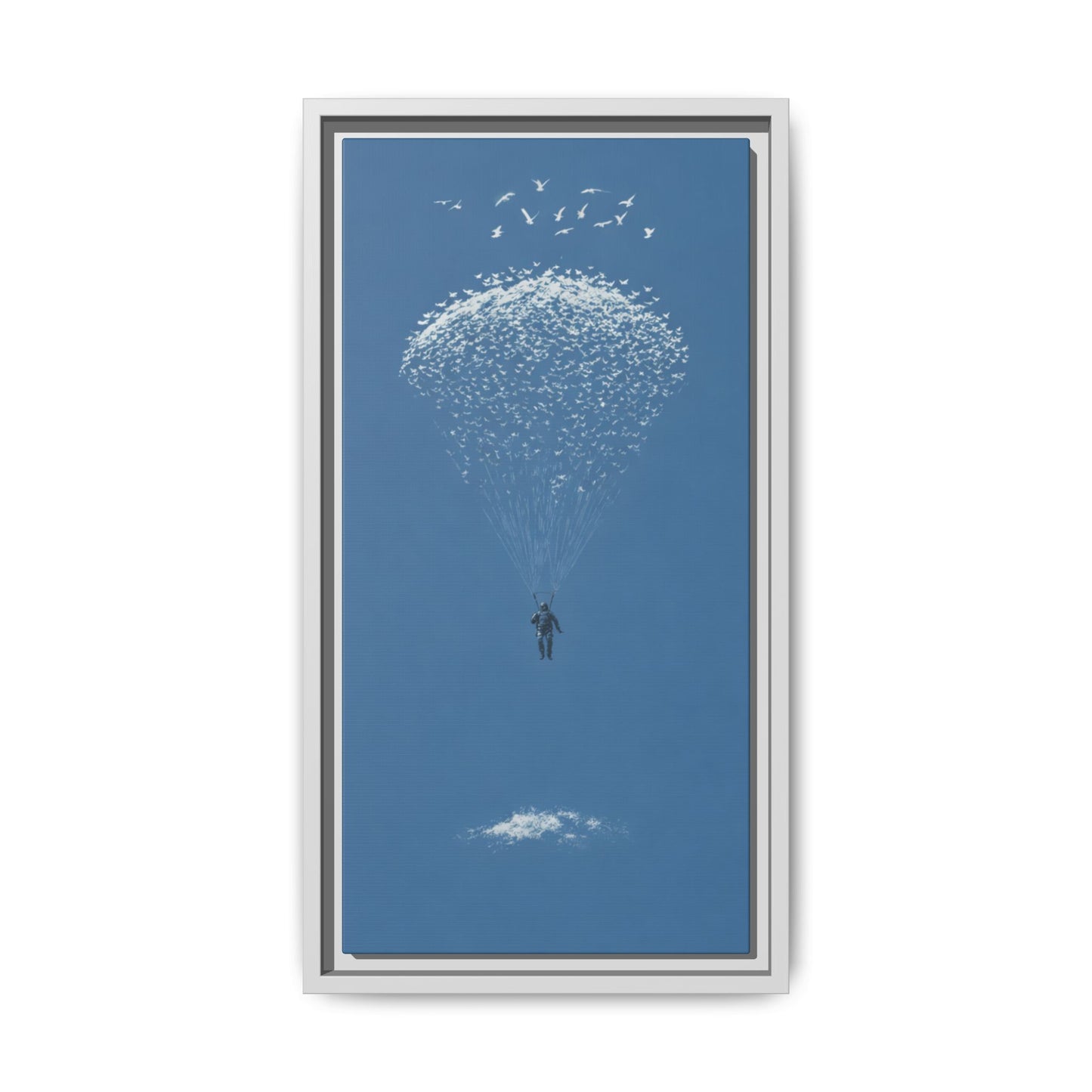 Framed Matte Canvas Art – Sky Diver with Bird Cluster Parachute (Blue)