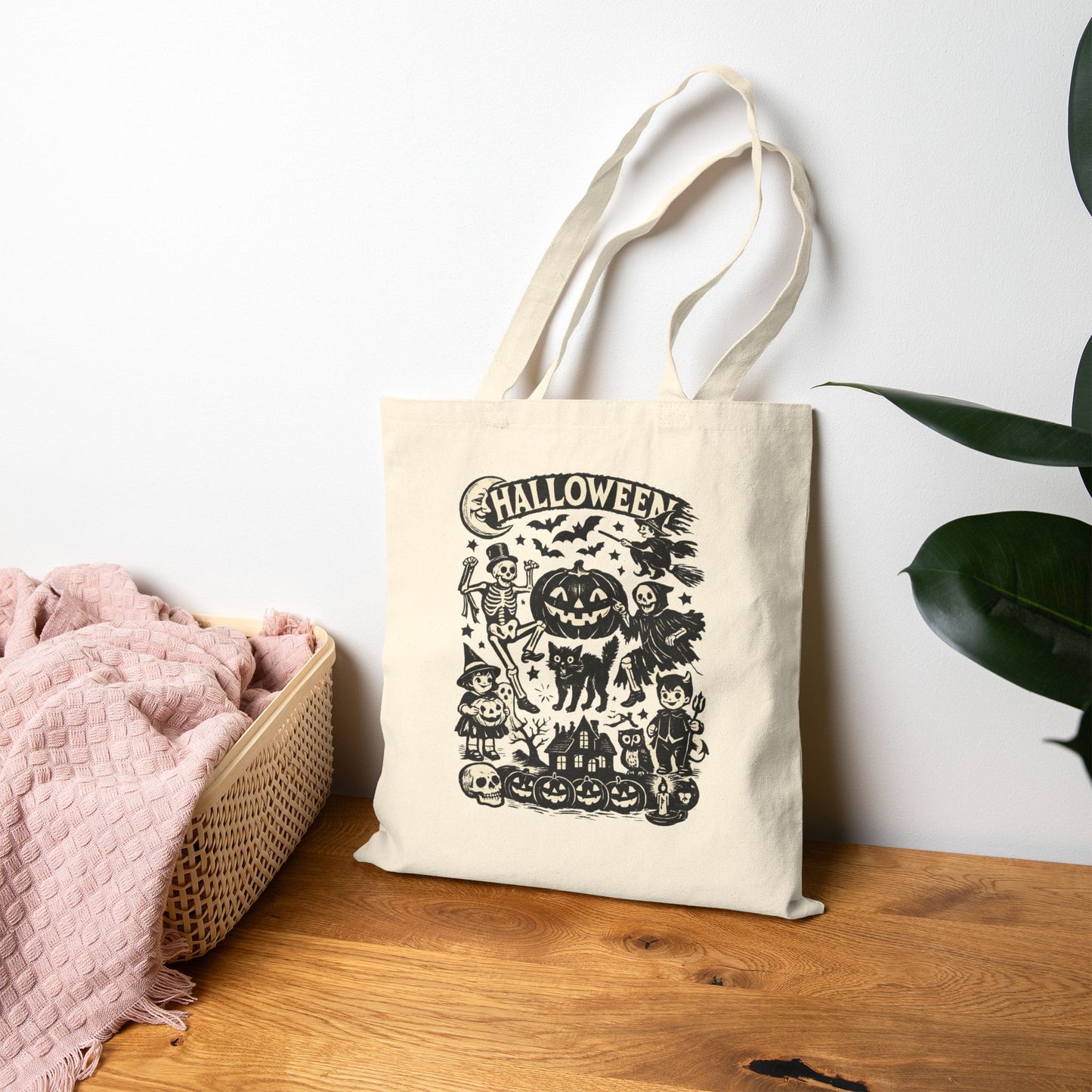 Kids Halloween Vintage Pumpkin Trick or Treat Bag — Retro Spooky Canvas Grocery Tote