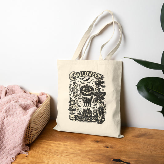 Kids Halloween Vintage Pumpkin Trick or Treat Bag — Retro Spooky Canvas Grocery Tote