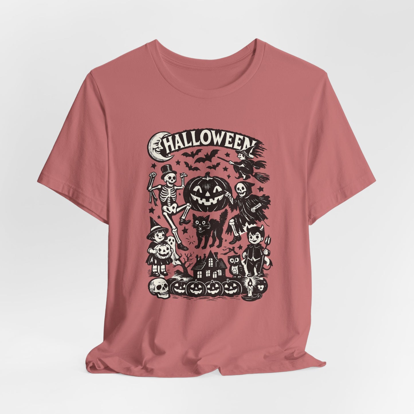 Halloween Vintage Monsters Tee — Retro Pumpkin, Skeleton & Haunted House T-Shirt