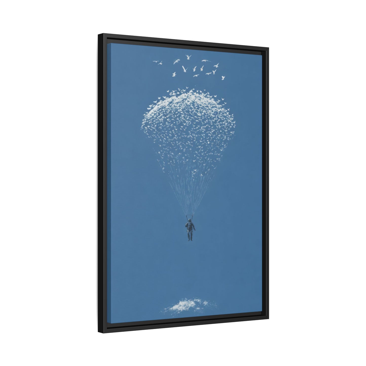 Framed Matte Canvas Art – Sky Diver with Bird Cluster Parachute (Blue)