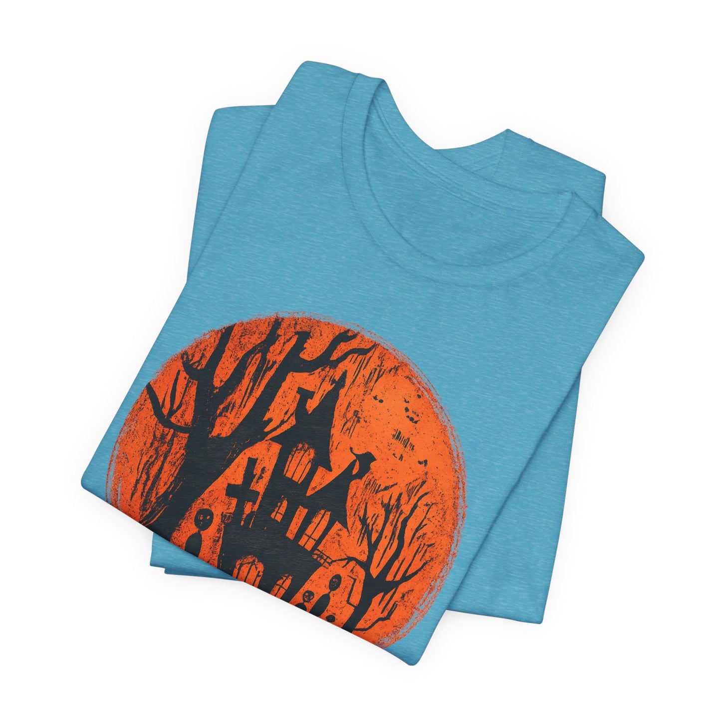 Haunted House Halloween Tee – Spooky Orange Moon Graphic T-Shirt