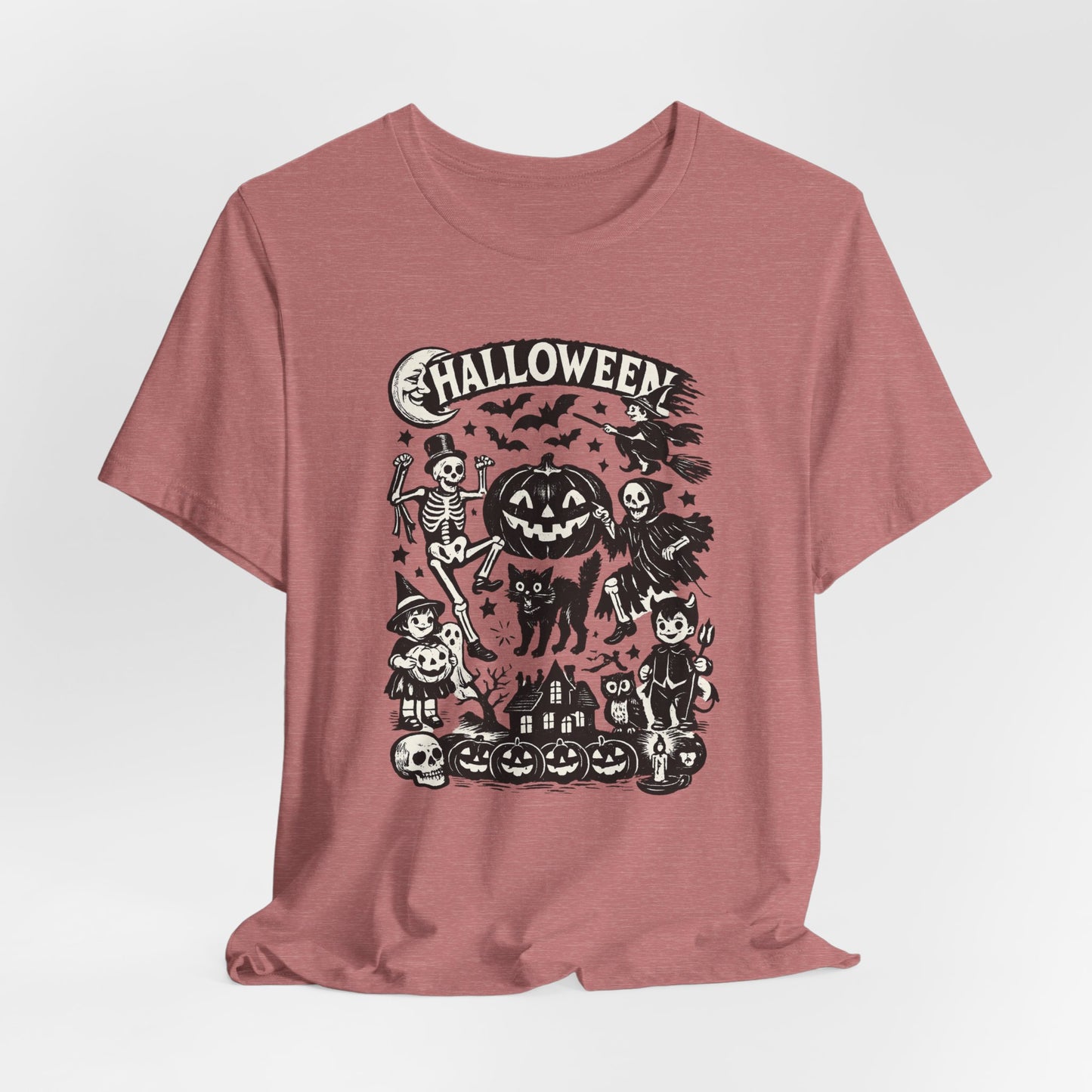 Halloween Vintage Monsters Tee — Retro Pumpkin, Skeleton & Haunted House T-Shirt