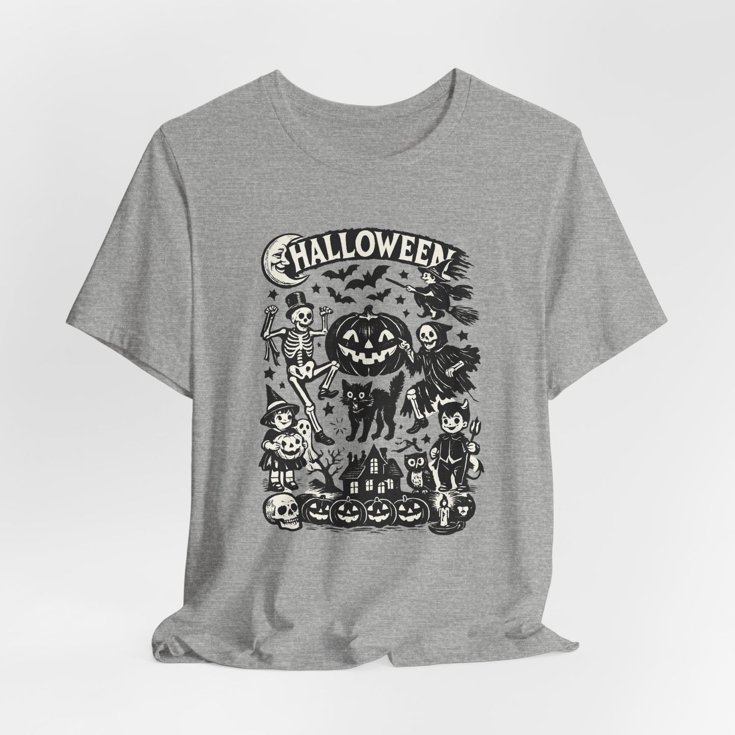 Halloween Vintage Monsters Tee — Retro Pumpkin, Skeleton & Haunted House T-Shirt