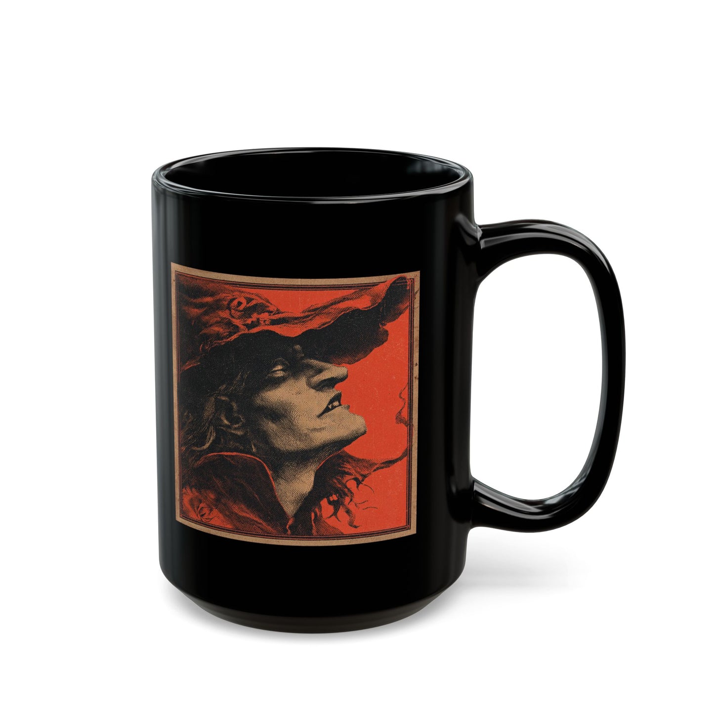 Gothic Witch Portrait Mug — Vintage Red & Black Ceramic Coffee Cup