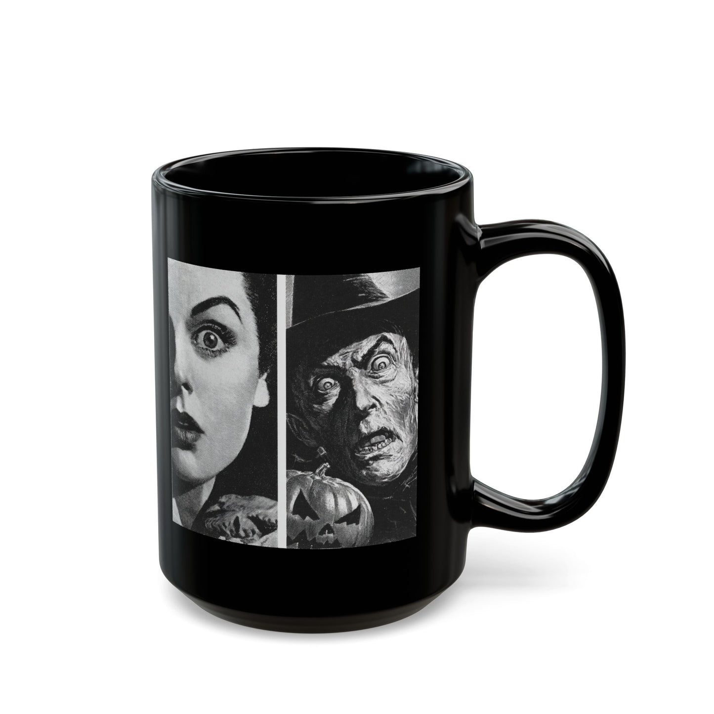 Black Horror Faces Mug — Vintage Silent Film Halloween Coffee Cup (11oz/15oz)