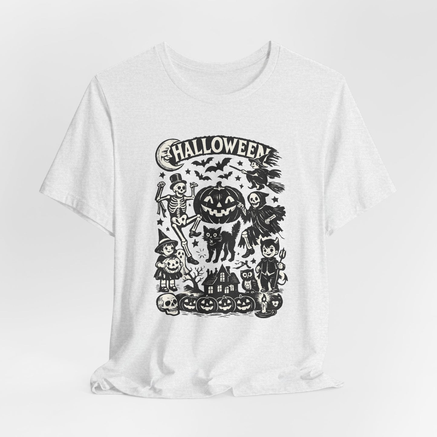 Halloween Vintage Monsters Tee — Retro Pumpkin, Skeleton & Haunted House T-Shirt