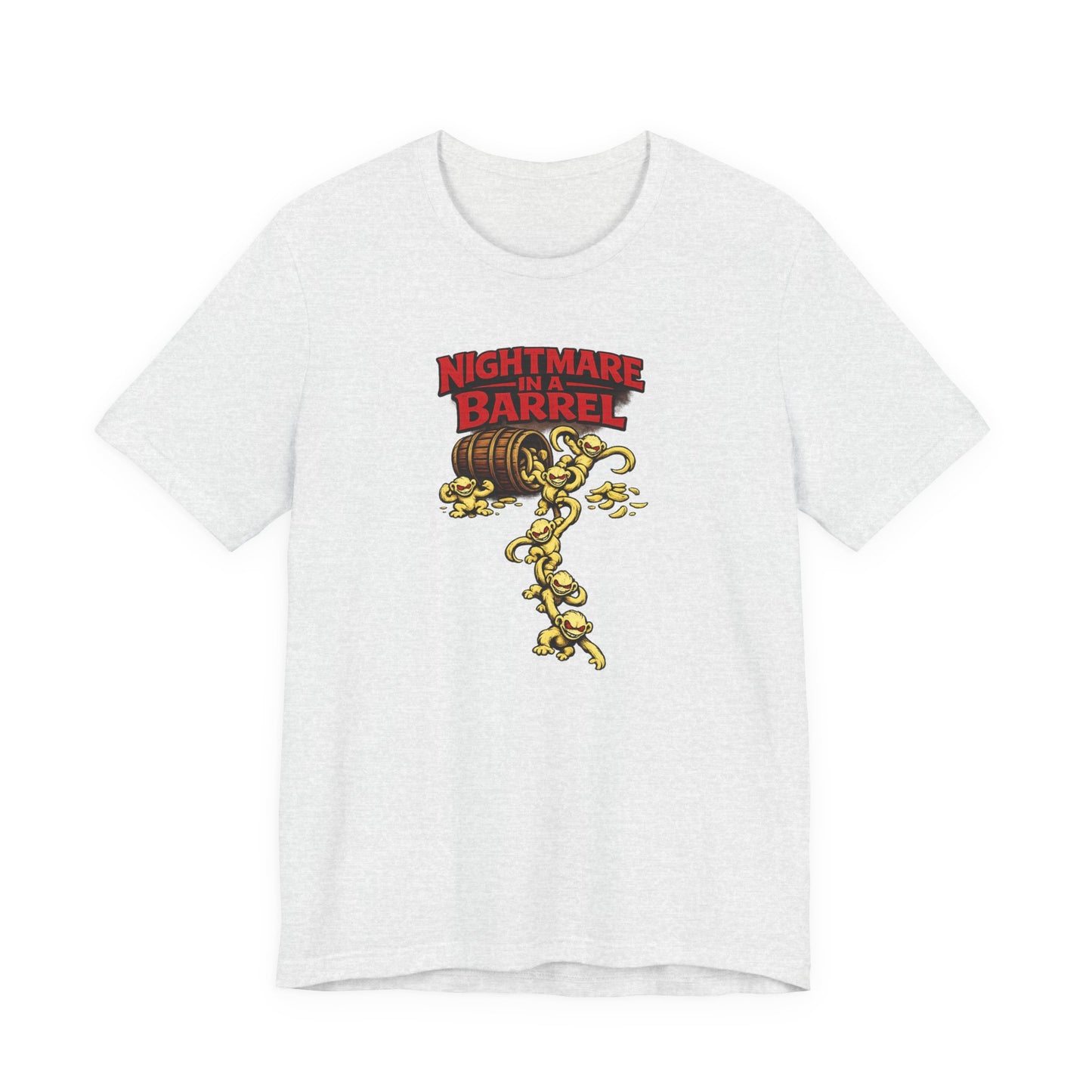 Nightmare in a Barrel T-Shirt — Vintage Horror Barrel Monkey Graphic Tee