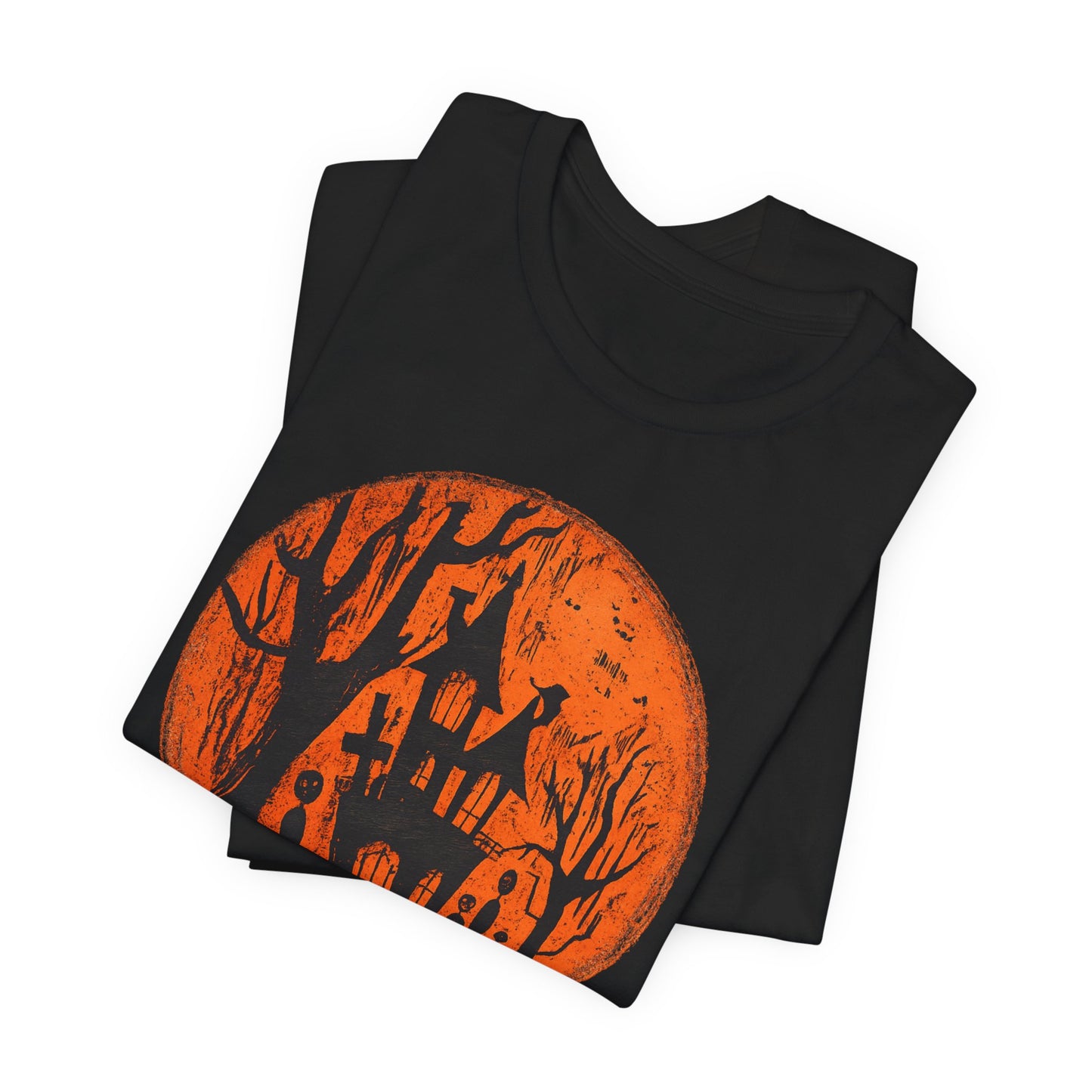 Haunted House Halloween Tee – Spooky Orange Moon Graphic T-Shirt