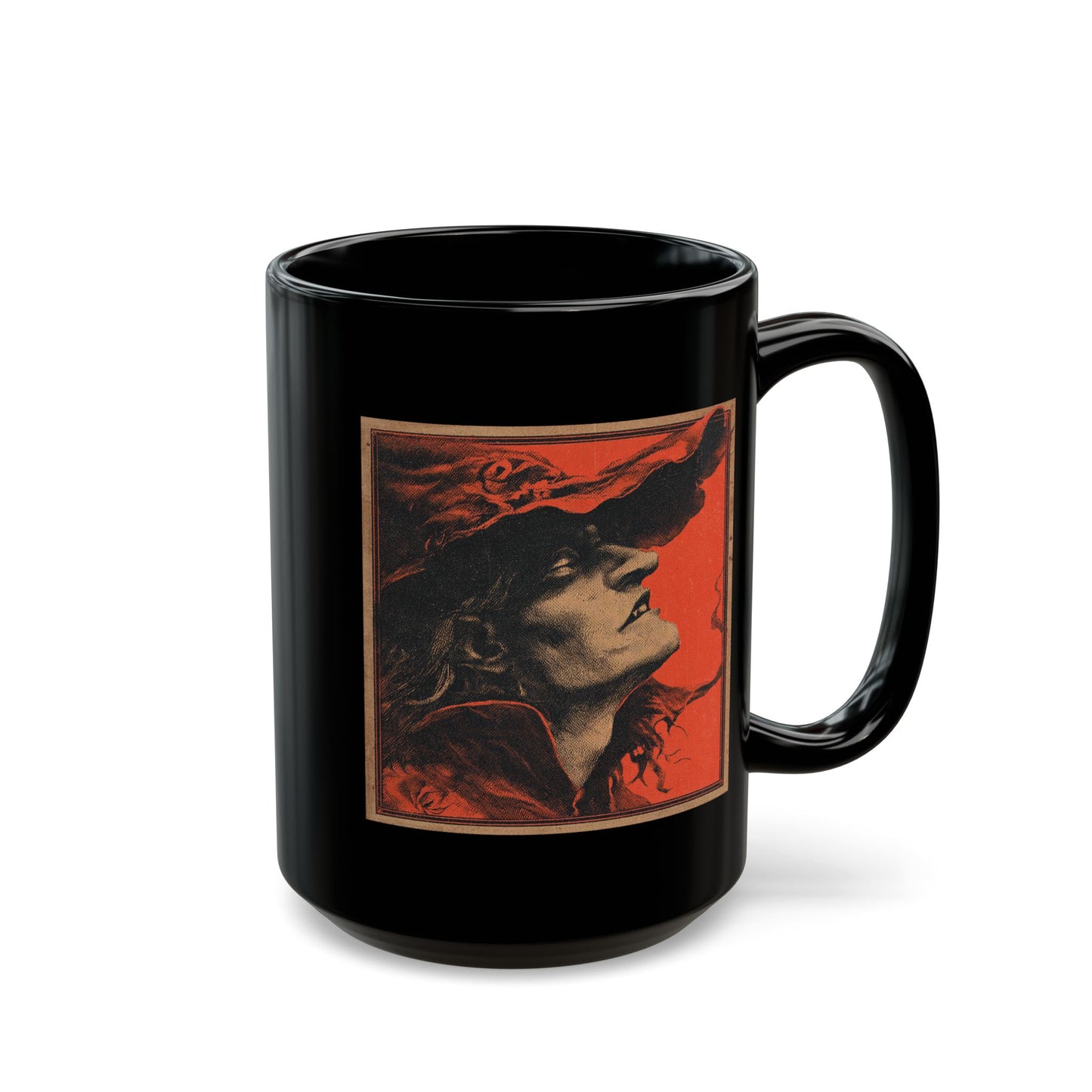 Gothic Witch Portrait Mug — Vintage Red & Black Ceramic Coffee Cup