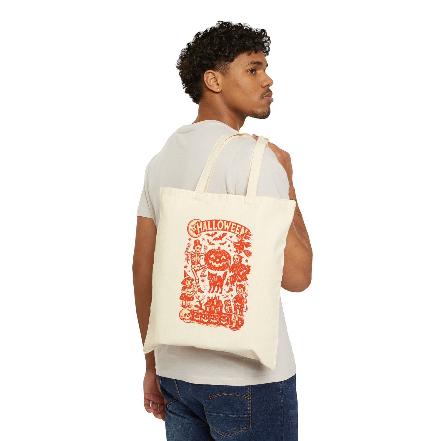 Halloween Trick-or-Treat Tote Bag — Pumpkin & Spooky Characters Cotton Canvas