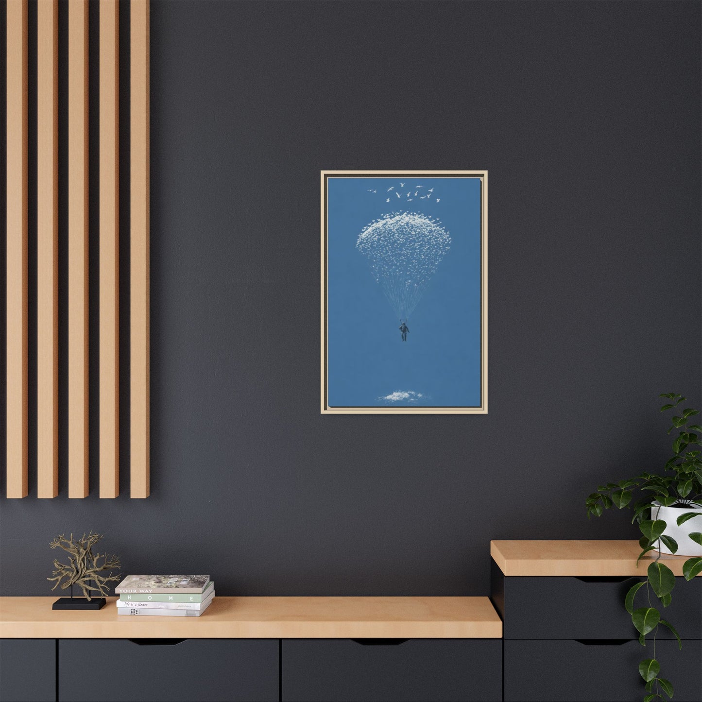Framed Matte Canvas Art – Sky Diver with Bird Cluster Parachute (Blue)