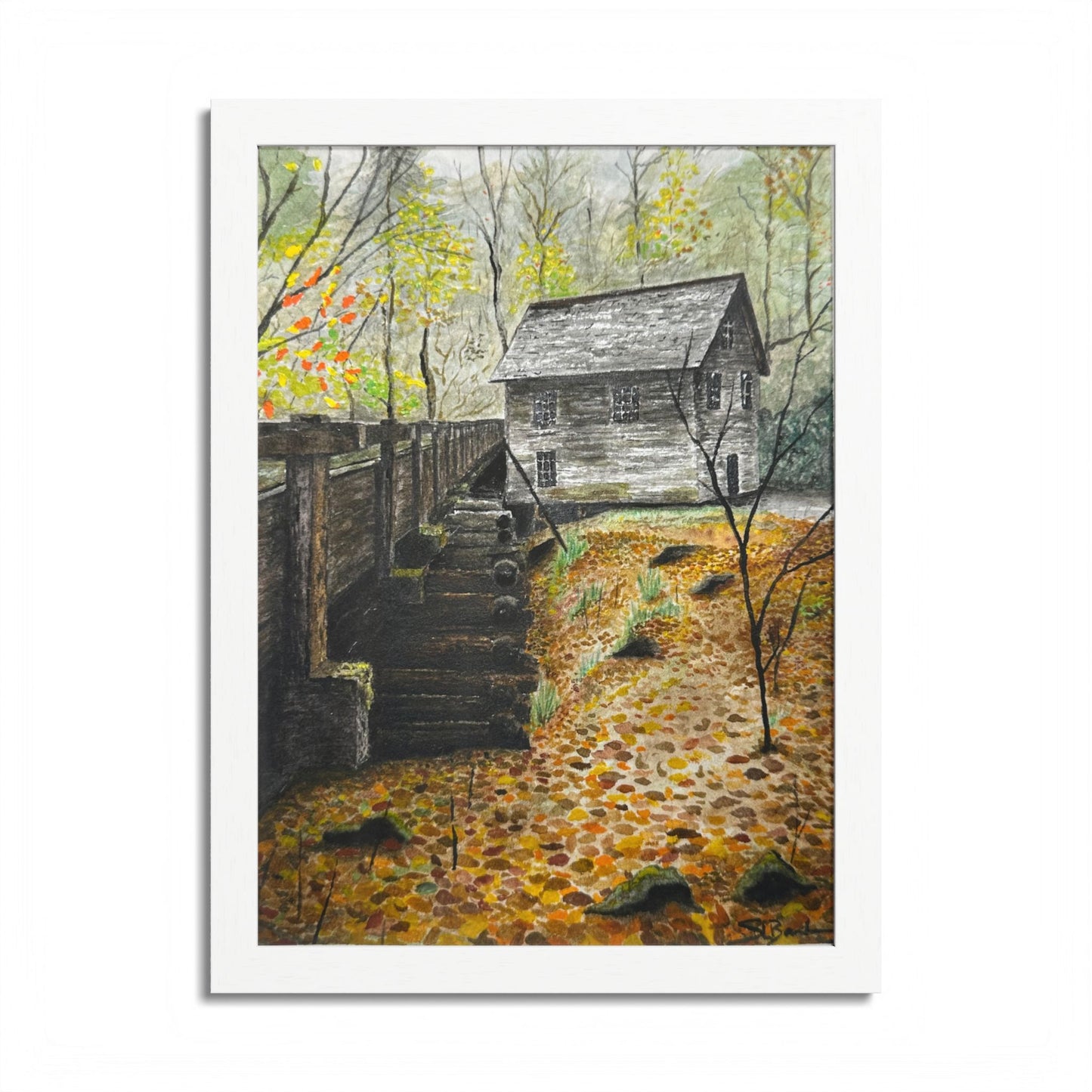 Original Artist Print by Scott Barbee Autumn Mill Framed Poster — Rustic Watercolor Cabin Wall Art