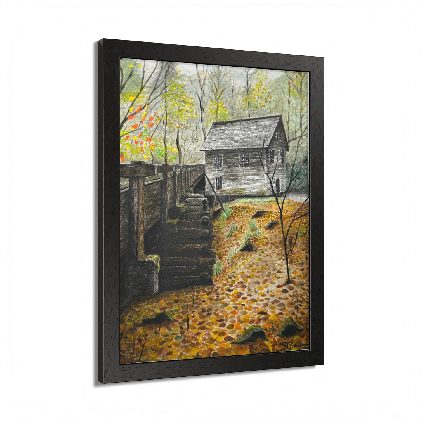 Original Artist Print by Scott Barbee Autumn Mill Framed Poster — Rustic Watercolor Cabin Wall Art