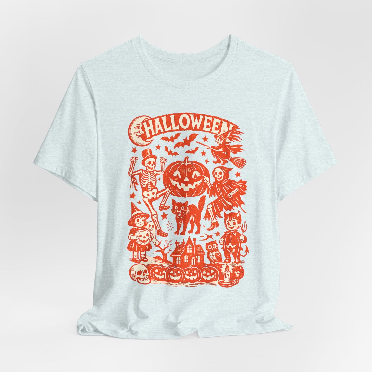 Halloween Retro Graphic Tee — Orange Vintage Spooky Characters