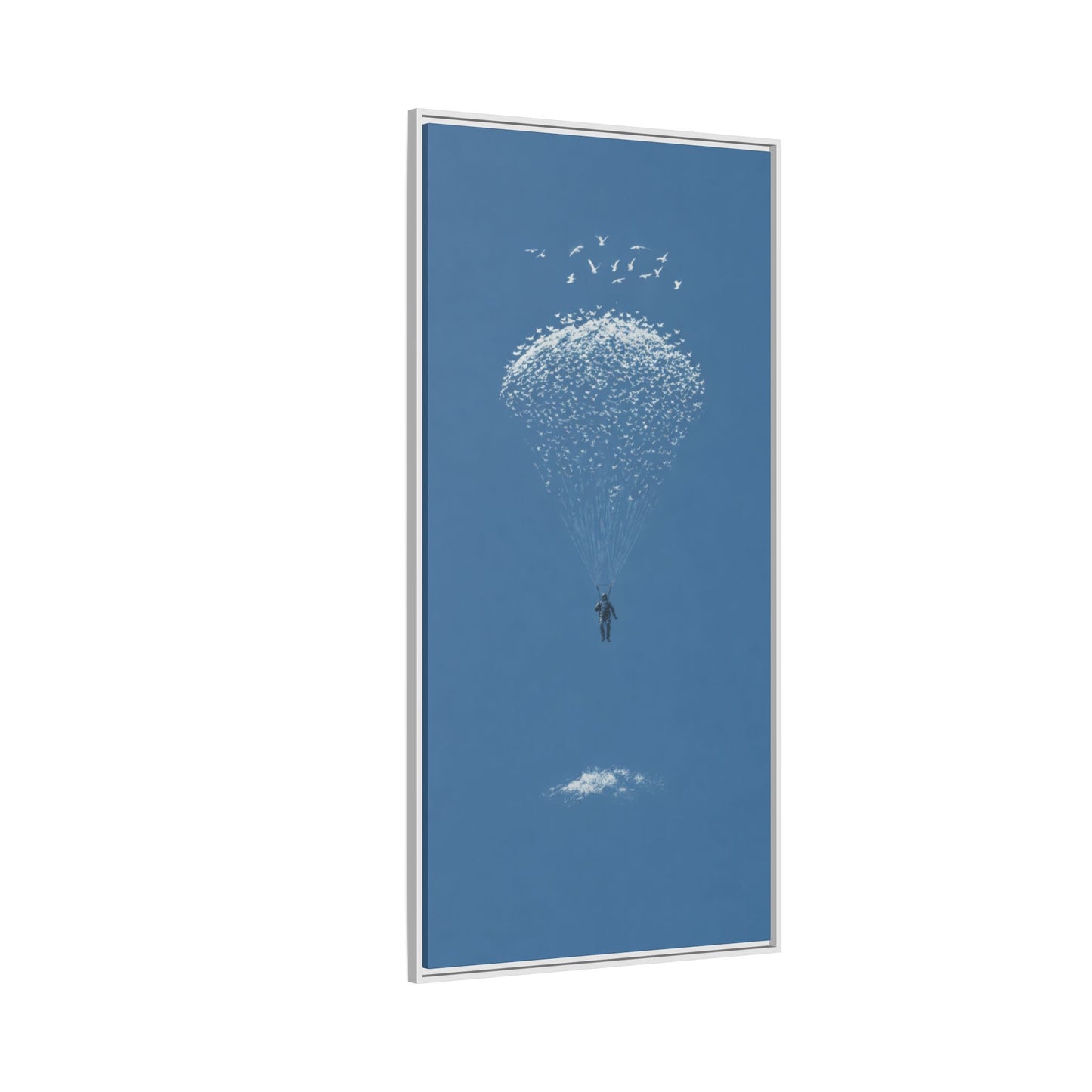 Framed Matte Canvas Art – Sky Diver with Bird Cluster Parachute (Blue)
