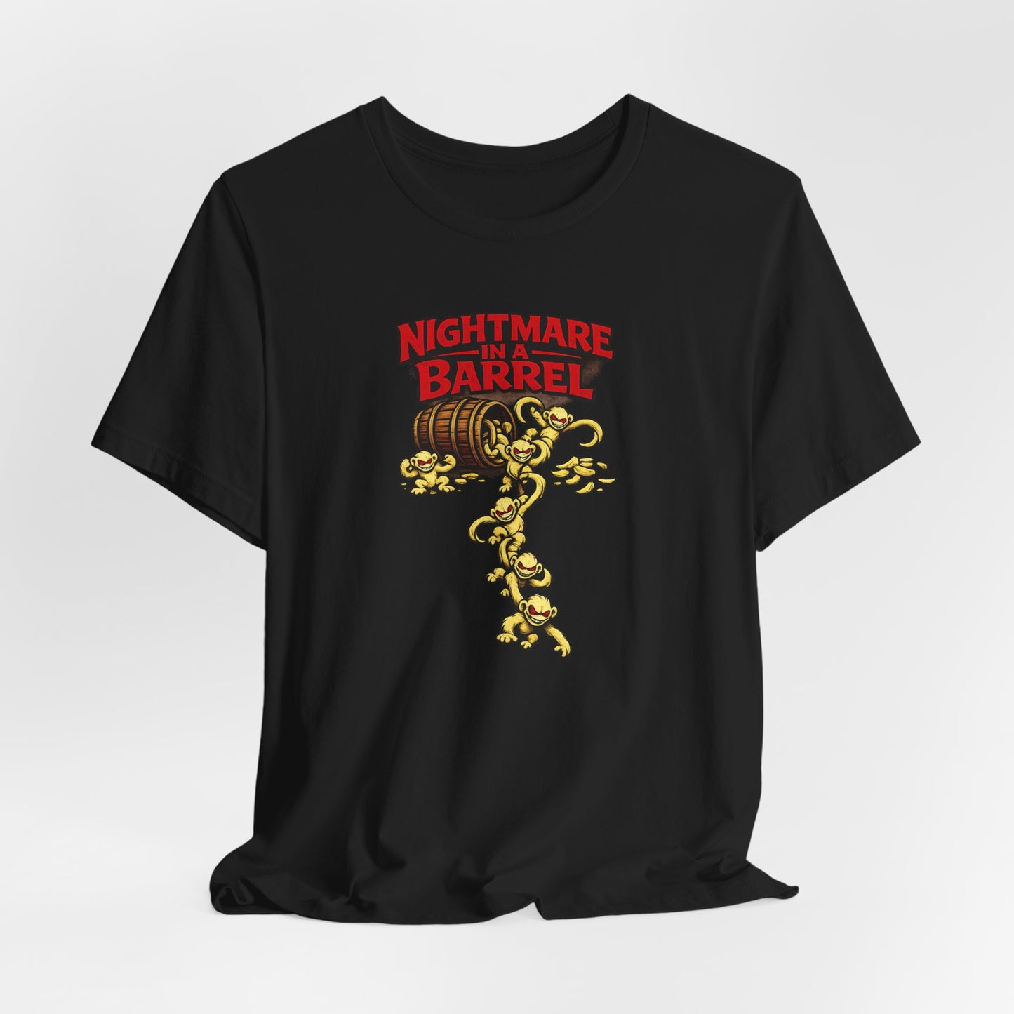 Nightmare in a Barrel T-Shirt — Vintage Horror Barrel Monkey Graphic Tee