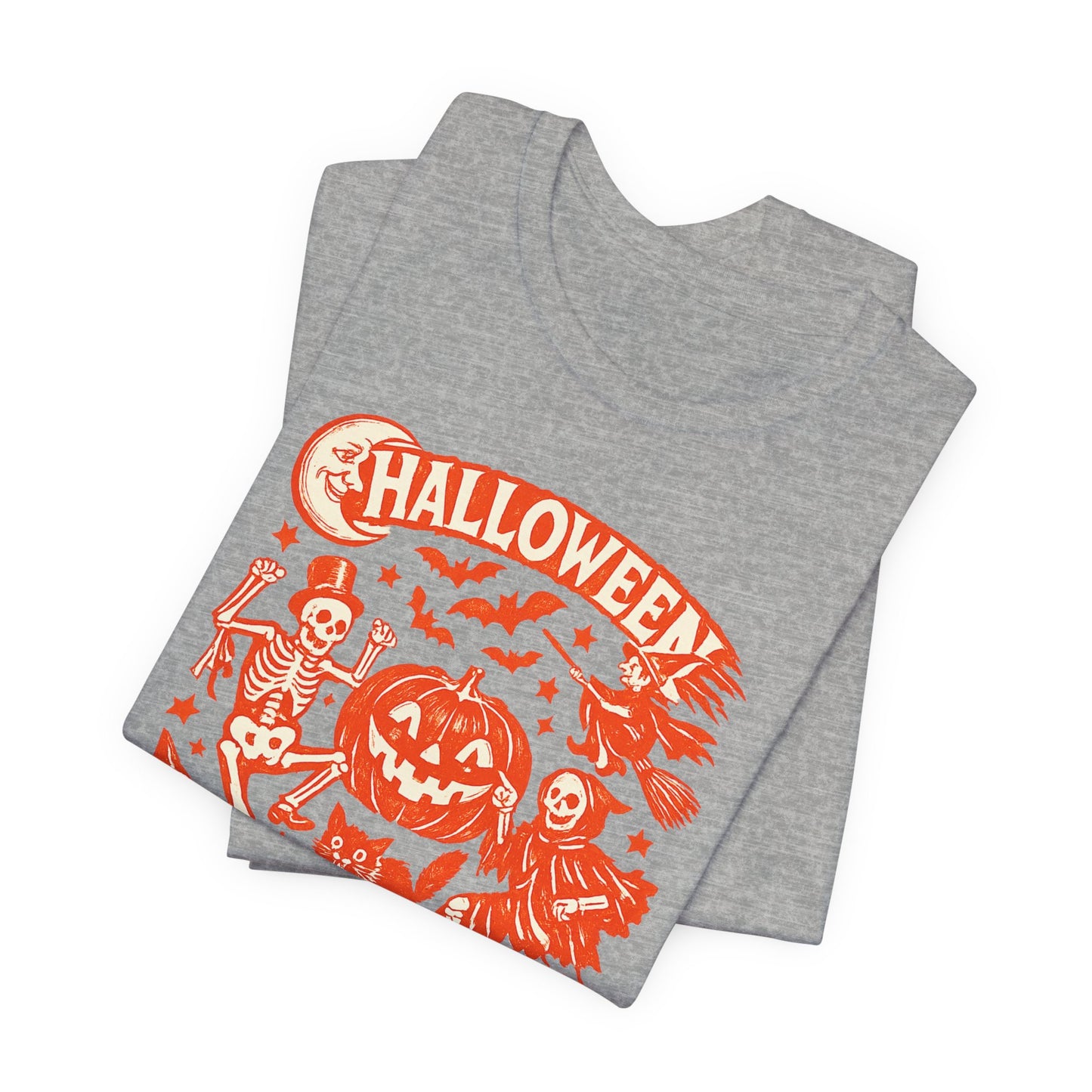 Halloween Retro Graphic Tee — Orange Vintage Spooky Characters