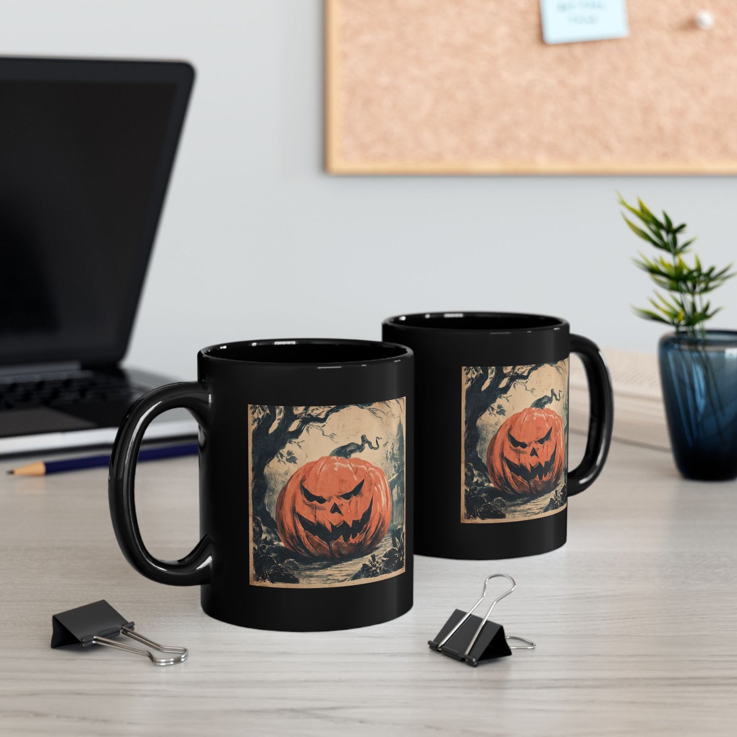 Halloween Pumpkin Jack-O'-Lantern Black Mug — Spooky Vintage Halloween Coffee Cup (11oz, 15oz)