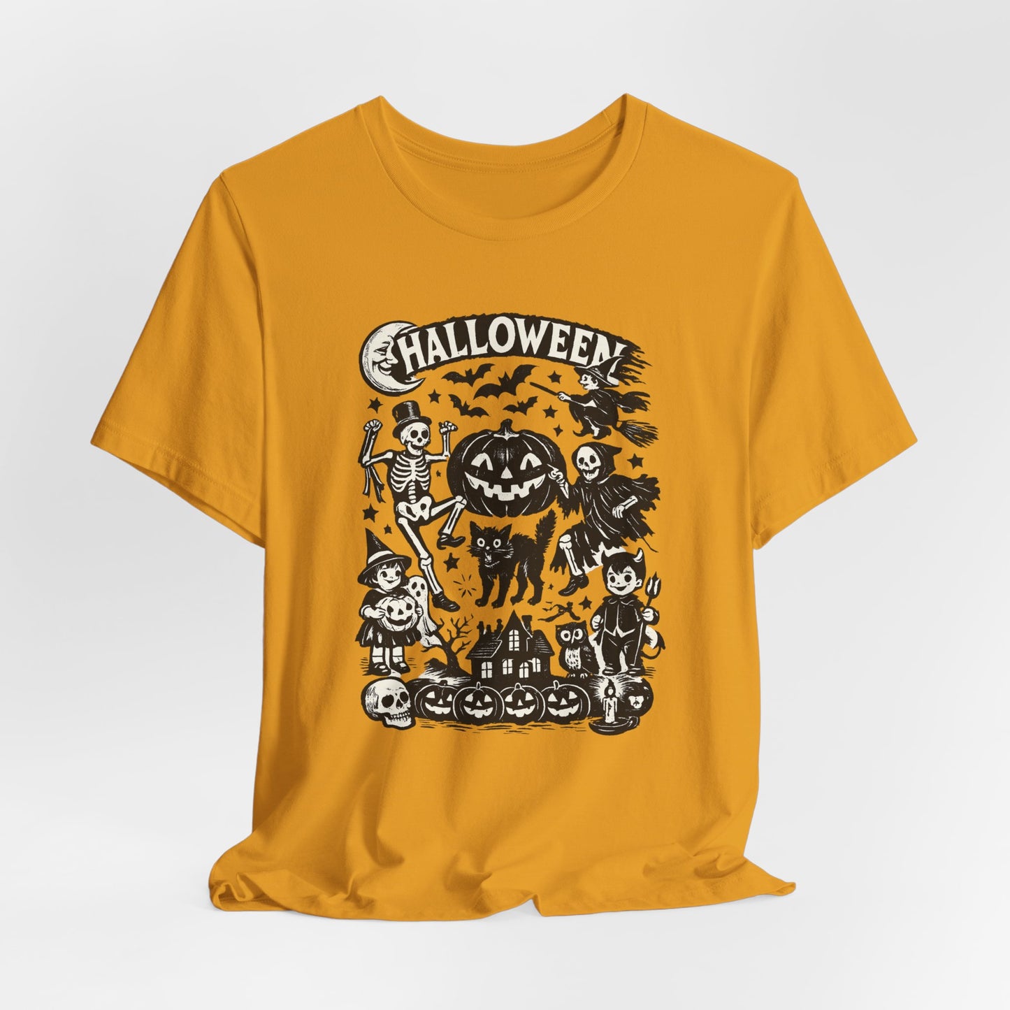 Halloween Vintage Monsters Tee — Retro Pumpkin, Skeleton & Haunted House T-Shirt