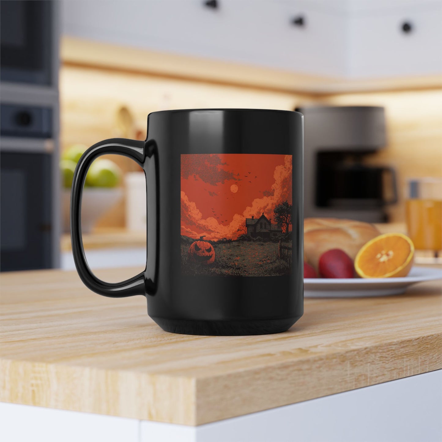 Halloween Pumpkin Field Black Mug — Spooky Haunted House Coffee Cup (11oz/15oz)