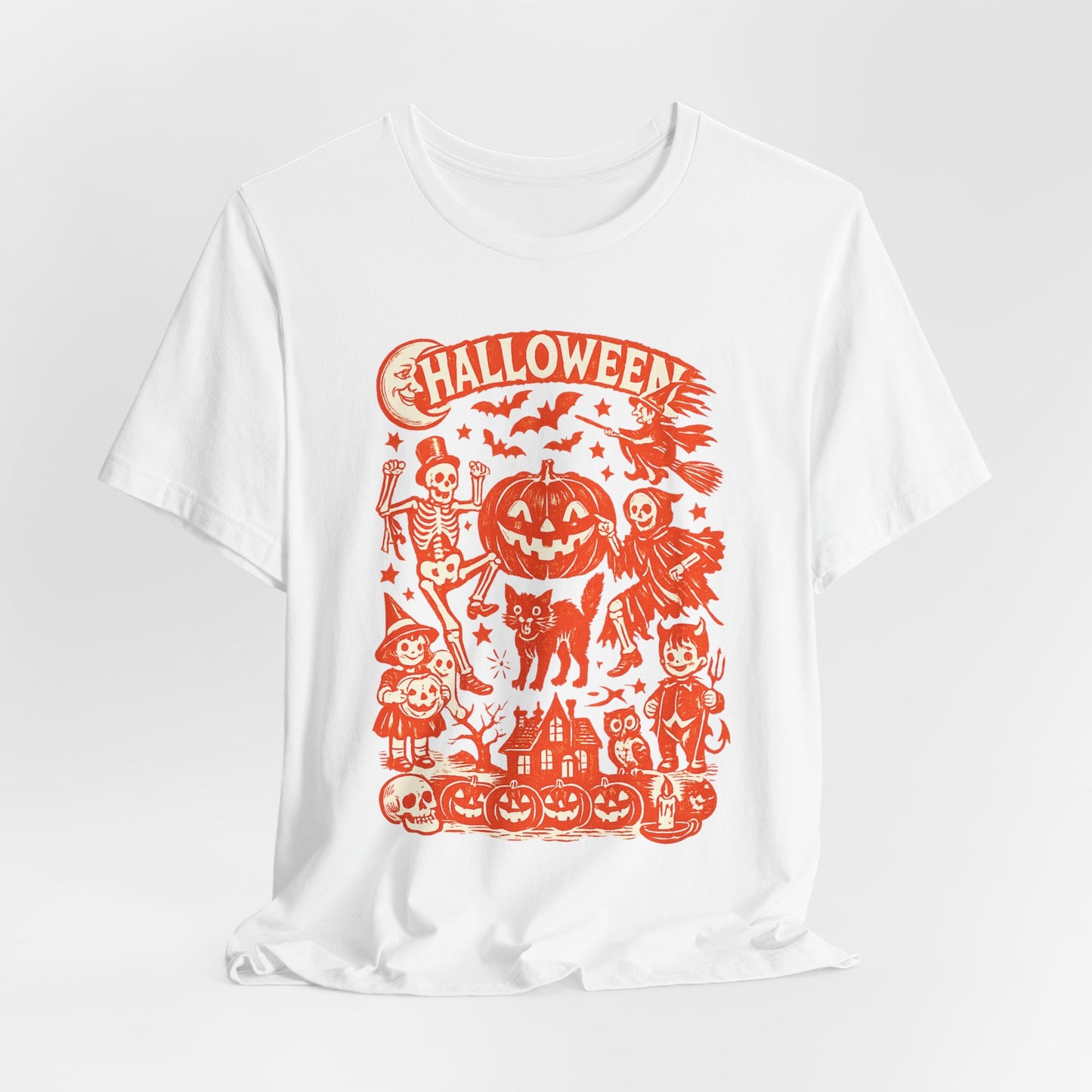 Halloween Retro Graphic Tee — Orange Vintage Spooky Characters