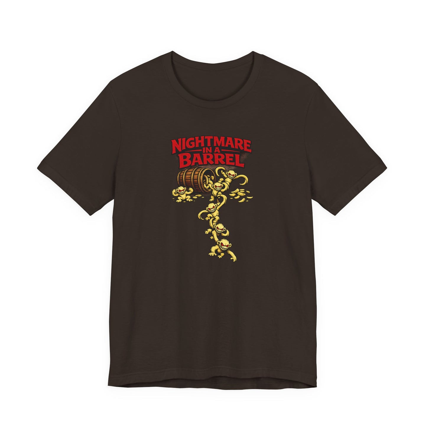 Nightmare in a Barrel T-Shirt — Vintage Horror Barrel Monkey Graphic Tee