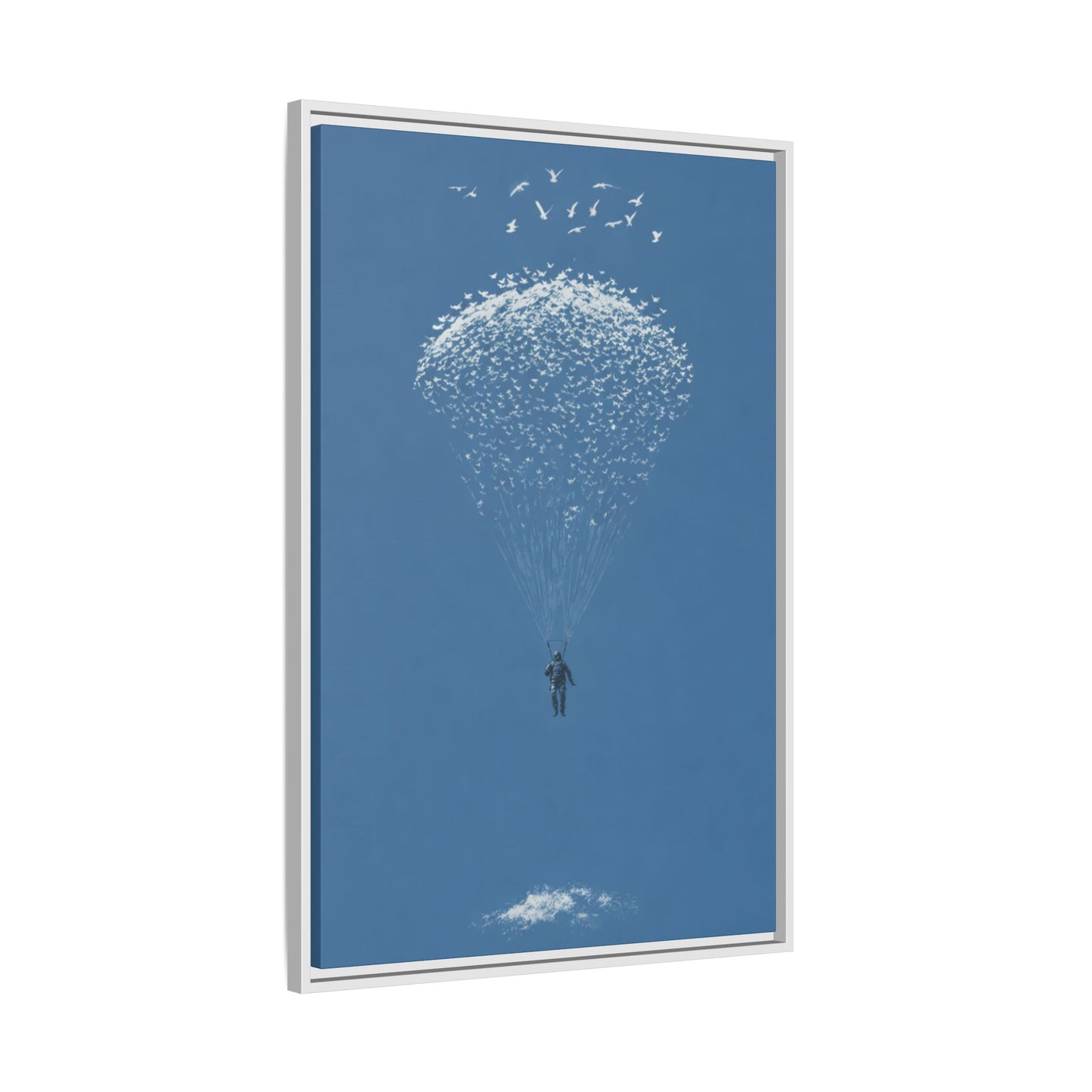 Framed Matte Canvas Art – Sky Diver with Bird Cluster Parachute (Blue)