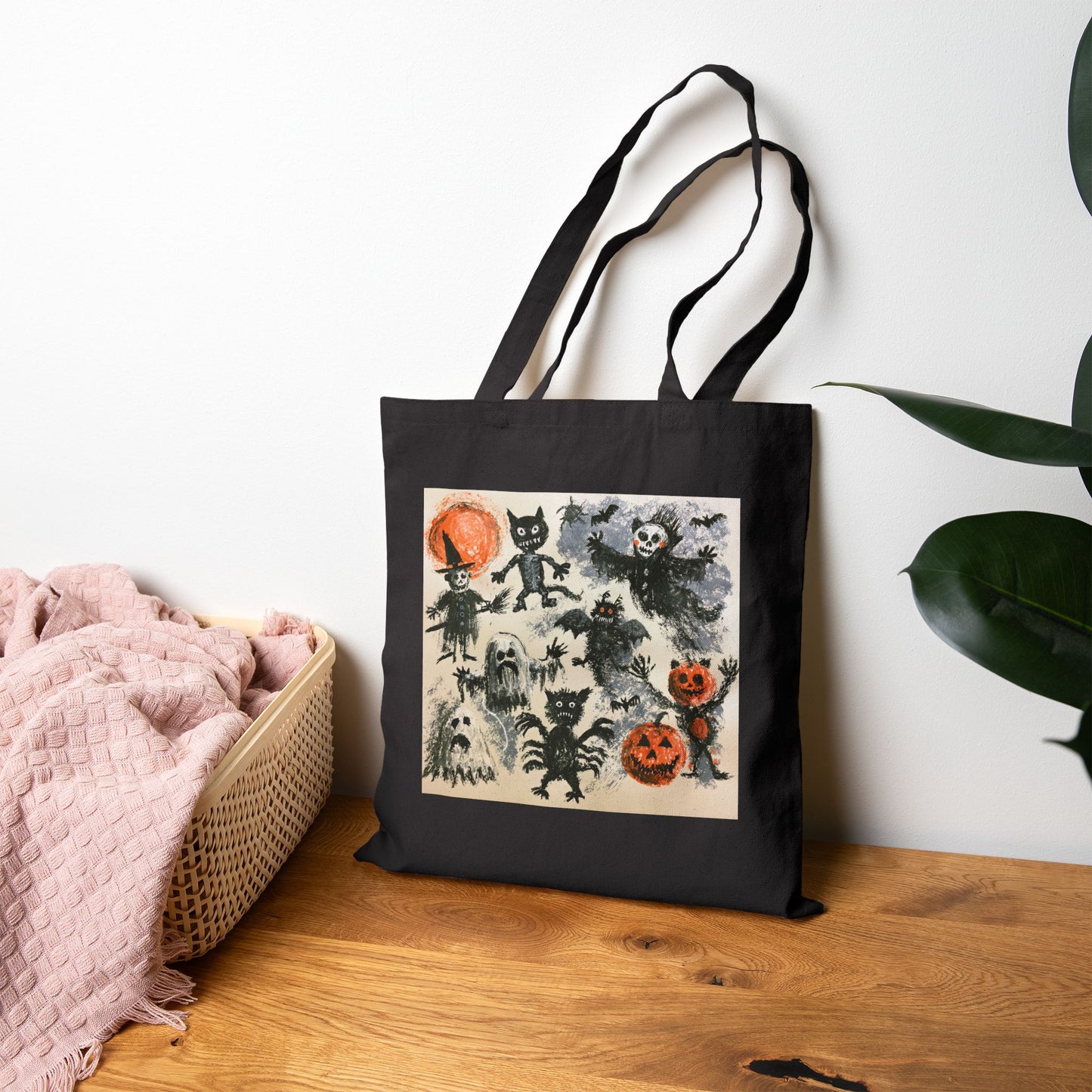 Vintage Halloween Characters Cotton Tote Bag — Retro Pumpkins, Black Cats & Bats Canvas Tote